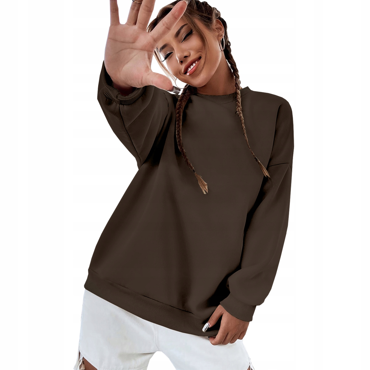 Bluza Damska Oversize Bawełniana Sukienka Luźna Brązowa Bez Kaptura M