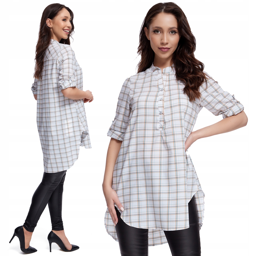 ELEGANCKA luźna DŁUGA Koszula kolory*krata R- 44