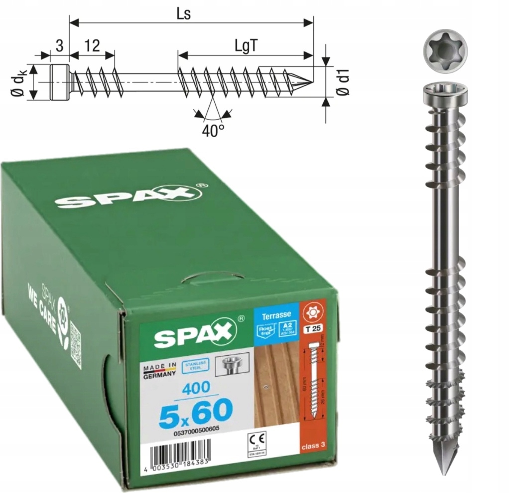 Terasové skrutky z ušľachtilej ocele A2 Spax 5x60 mm 400 ks strieborné