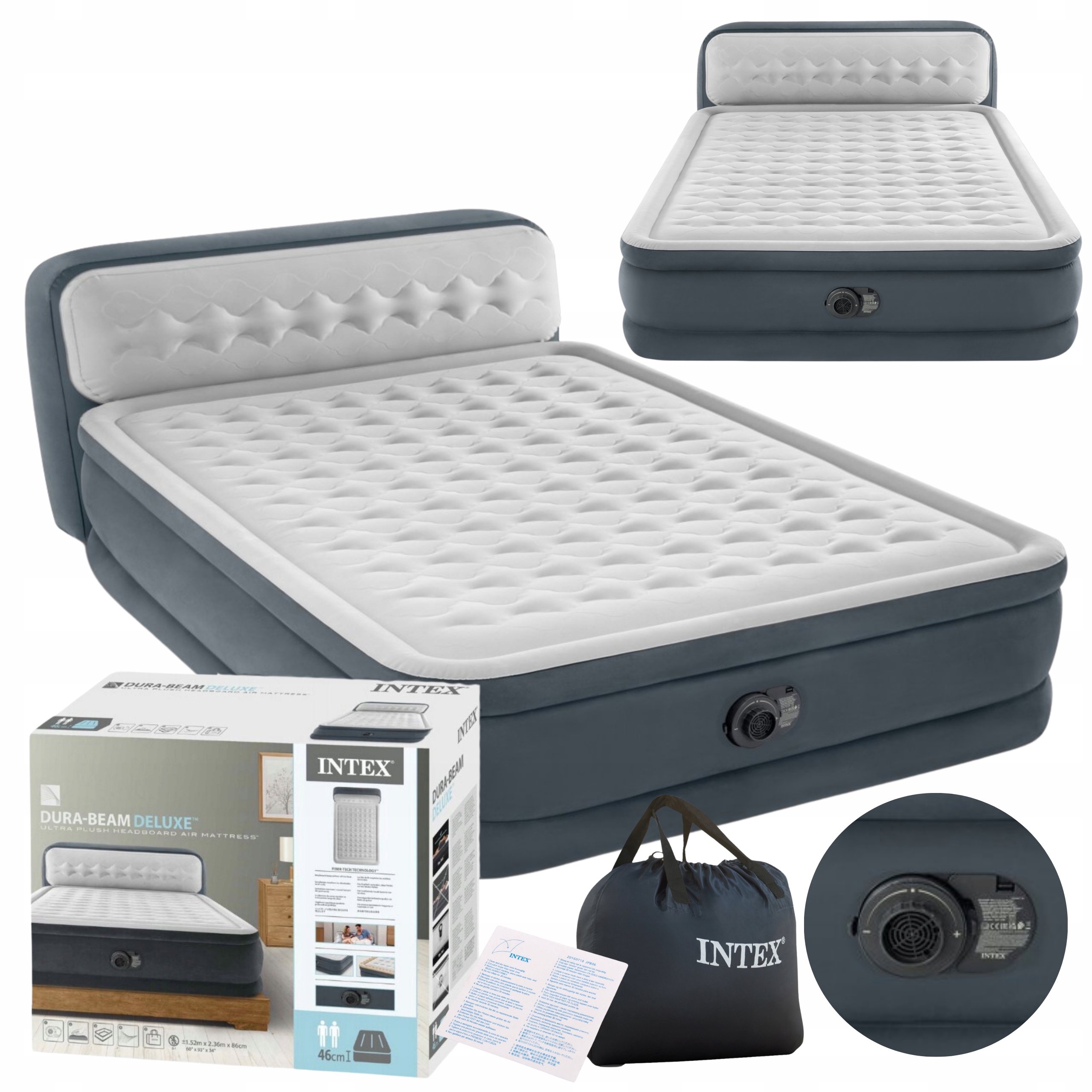 Materac Dmuchany Dwuosobowy z Zagłówkiem i Pompką Intex 64448
