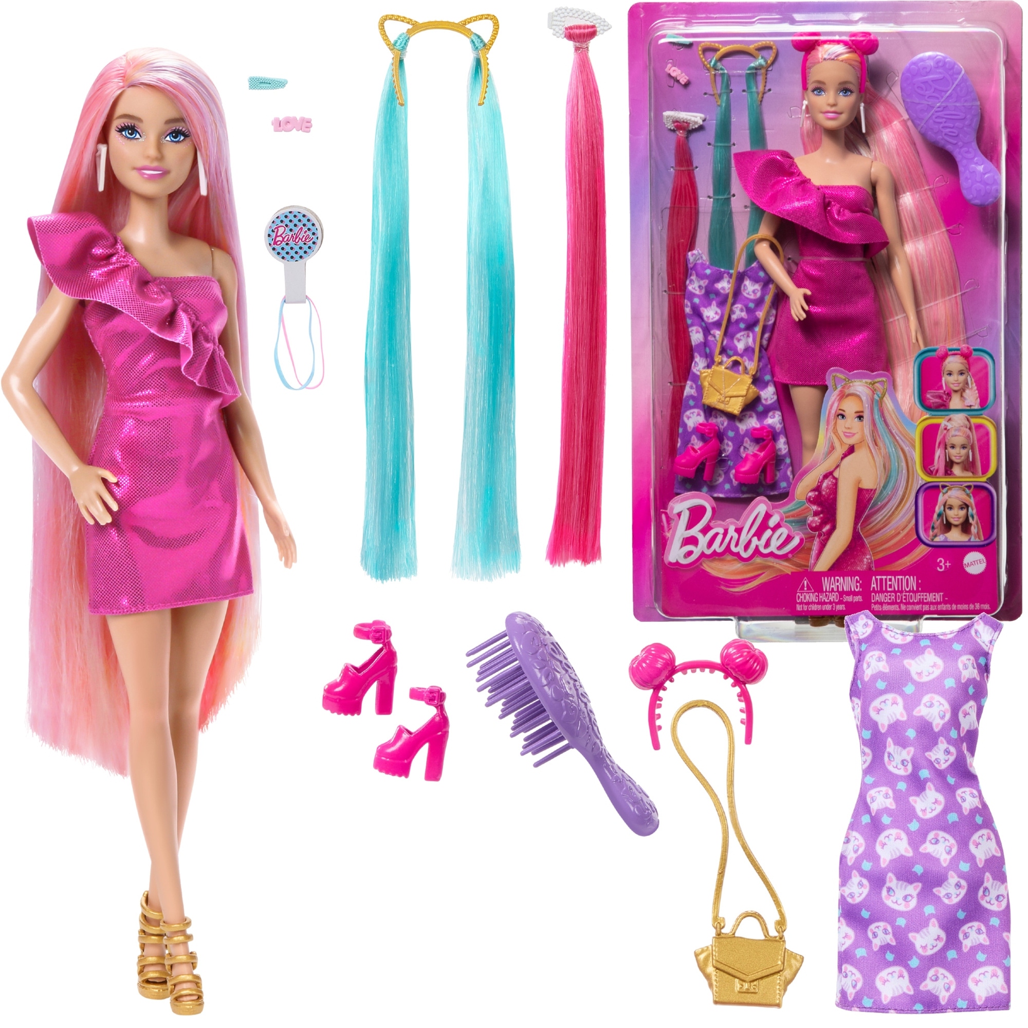 LALKA BARBIE ZESTAW ZABAWA WŁOSAMI KOLOROWE WŁOSY AKCESORIA FUN&FANCY