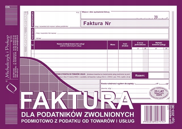 Faktura dla zwolnionych z podatku Michalczyk i Prokop 80 kartek 203-3e a5