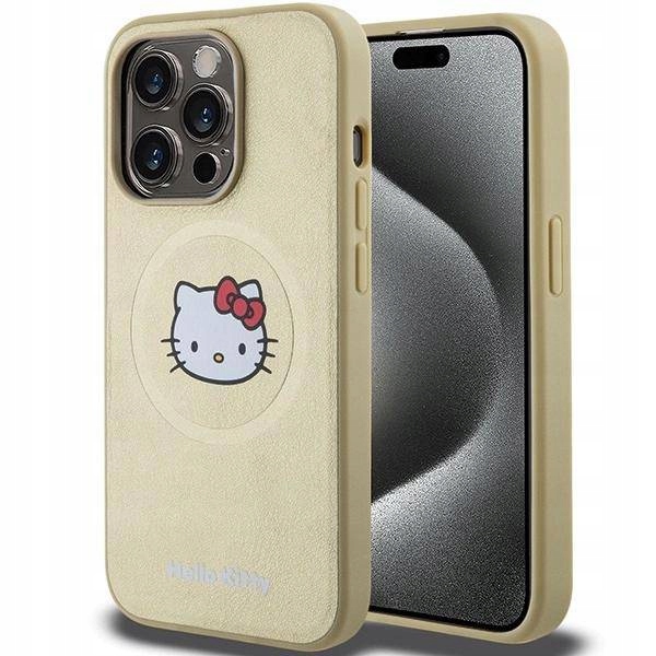 Pouzdro Hello Kitty Leather Kitty Head Magsafe pro iPhone 15 Pro Zlaté