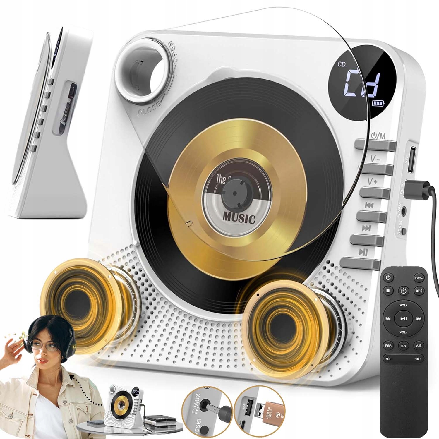 Přenosný CD Přehrávač Bluetooth Aux Reproduktory, Fm Rádio, Hi-fi S Časovačem