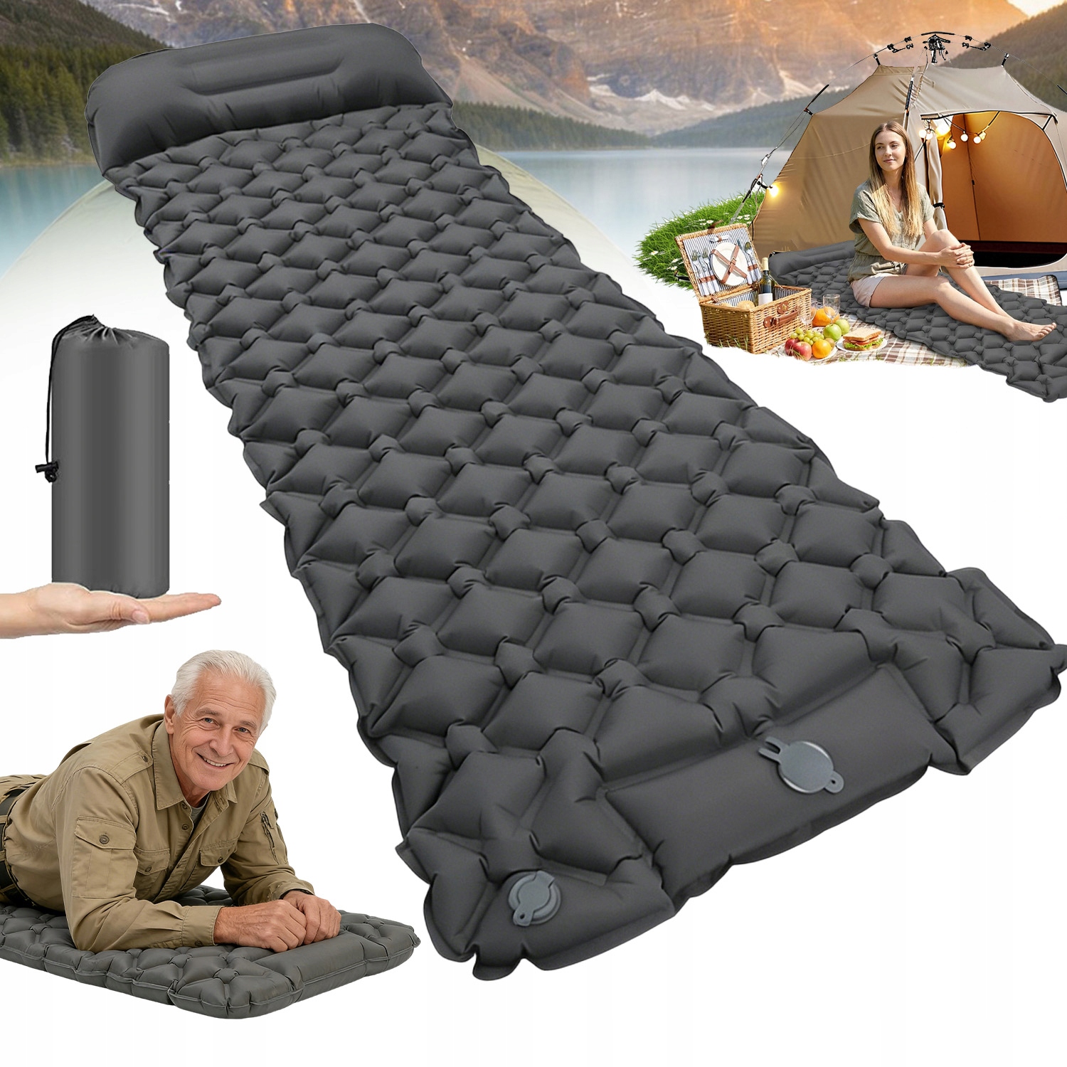 Materac Turystyczny Dmuchany Lekki Z Poduszką Do Spania Na Zewnątrz