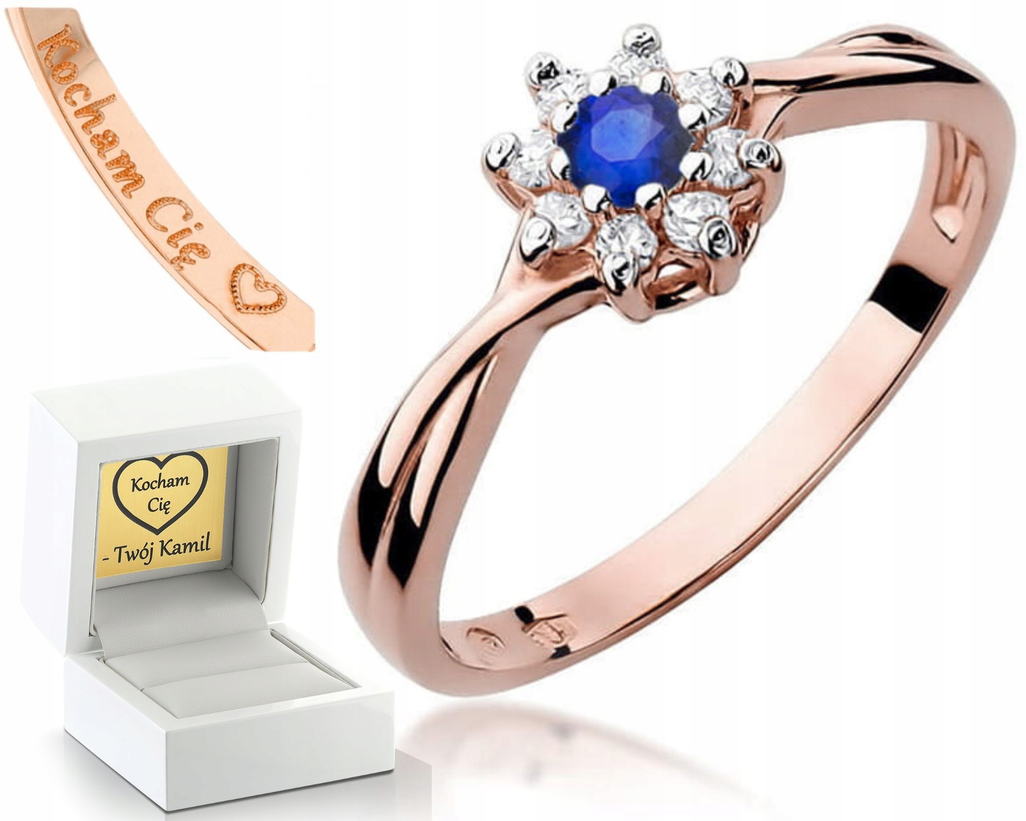 Růžové Zlato Prstýnek Safírový Briliant Gravírování