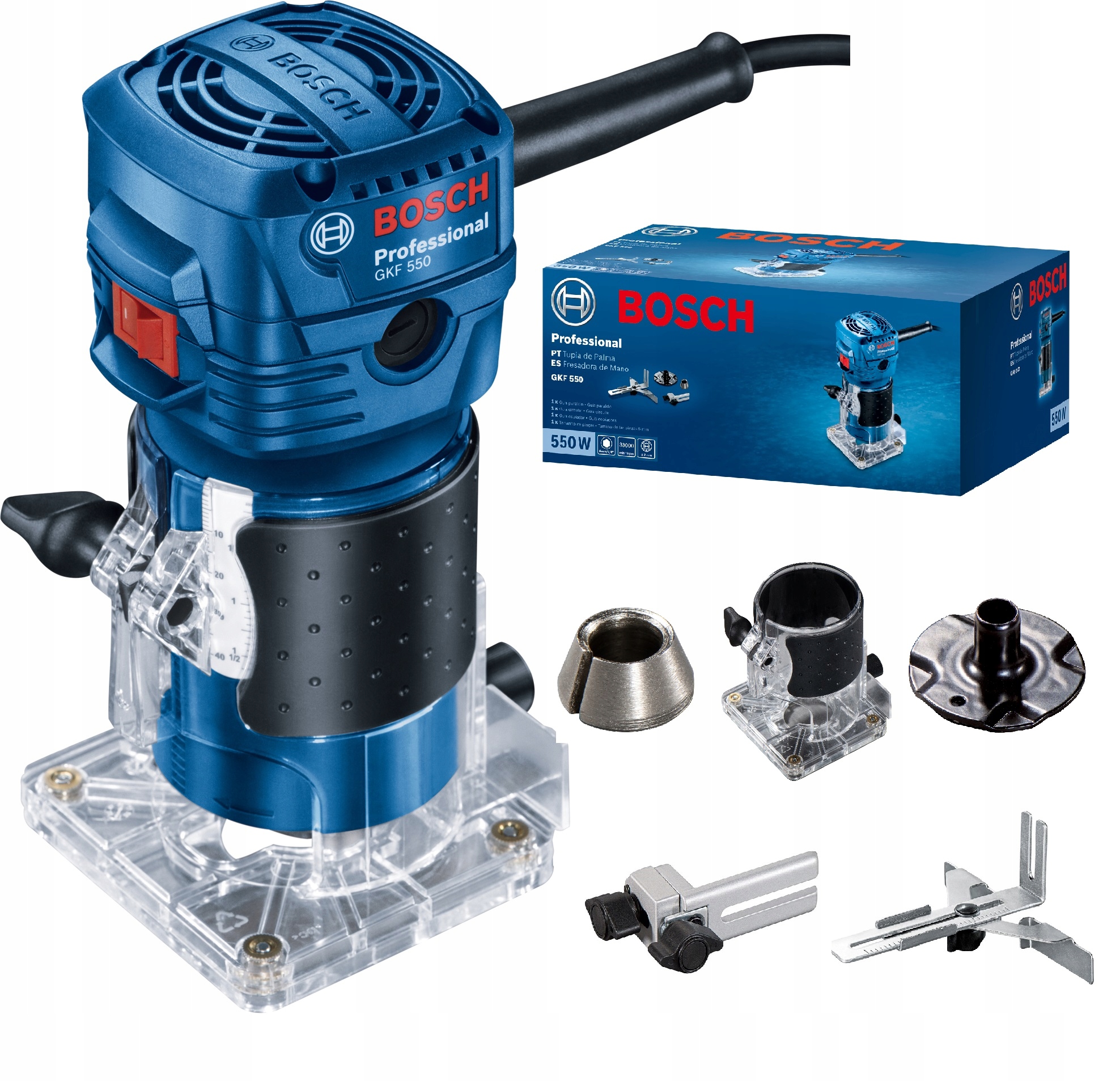 FREZARKA KRAWĘDZIOWA BOSCH GKF 550 550W + OSPRZĘT