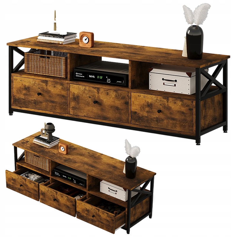 SZAFKA RTV POD TELEWIZOR Z 3 SZUFLADAMI VINTAGE LOFT RUSTYKALNY BRĄZ 143 CM