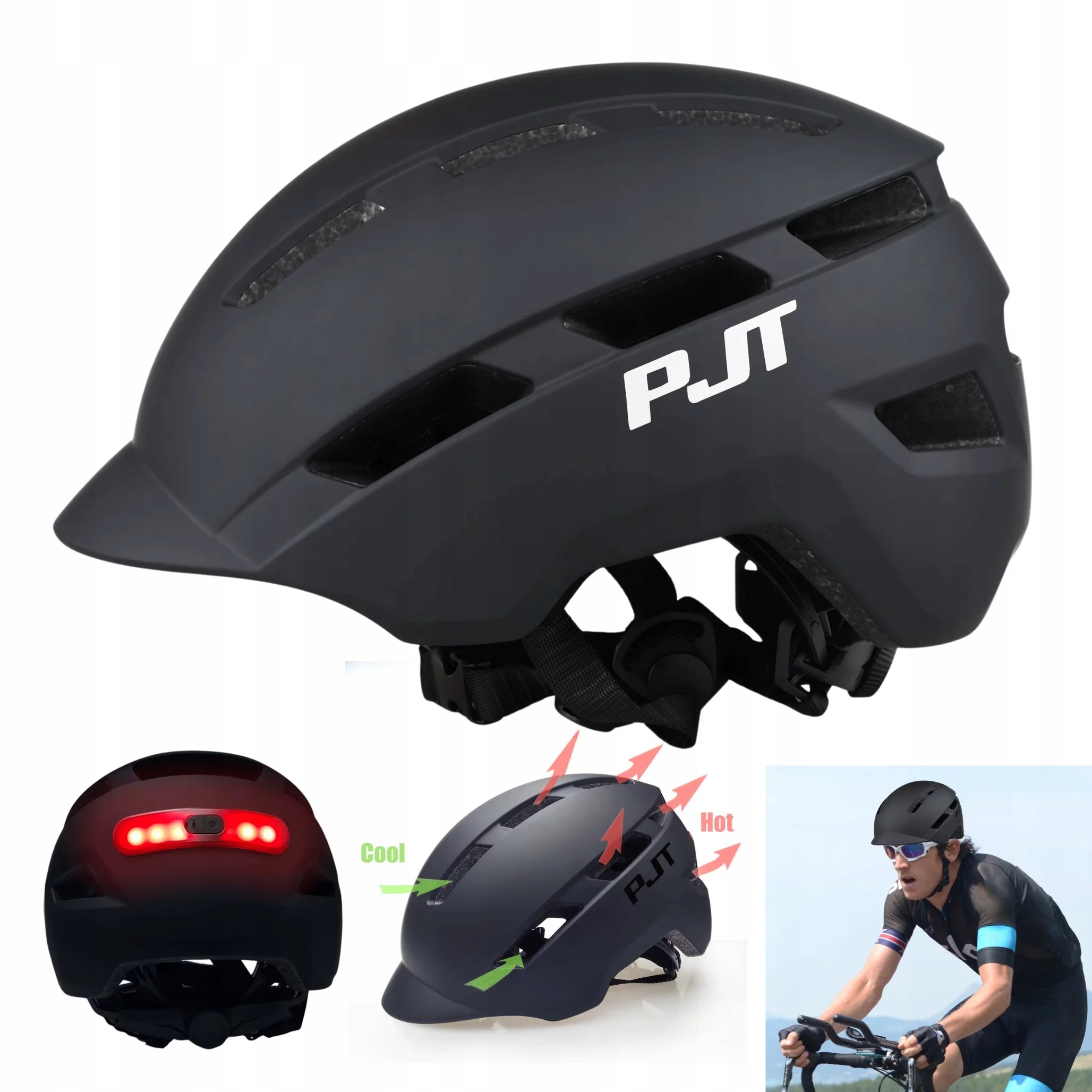 Kask rowerowy Pjt 58-61 cm z lampką Led Usb lekki 275 g Ce EN1078 czarny