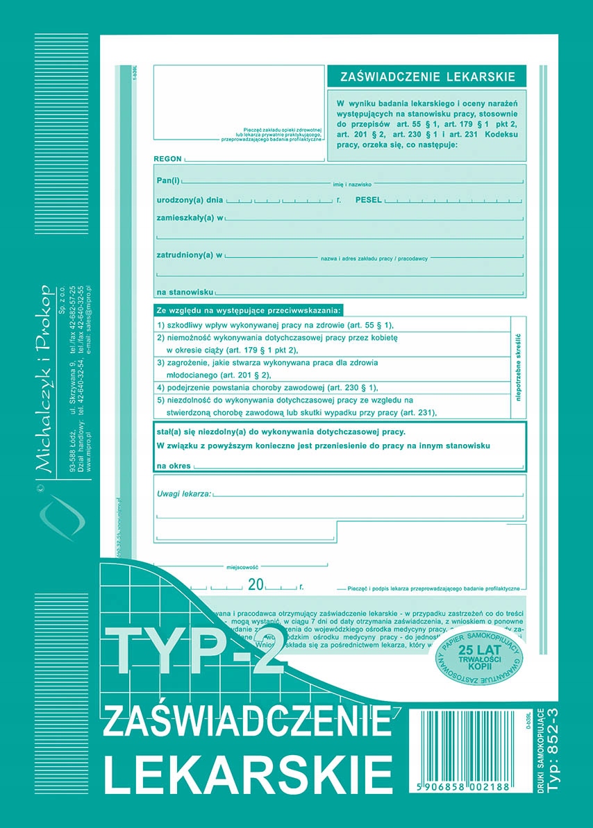 

Orzeczenie lekarskie typ-2 MiP 852-3 A5