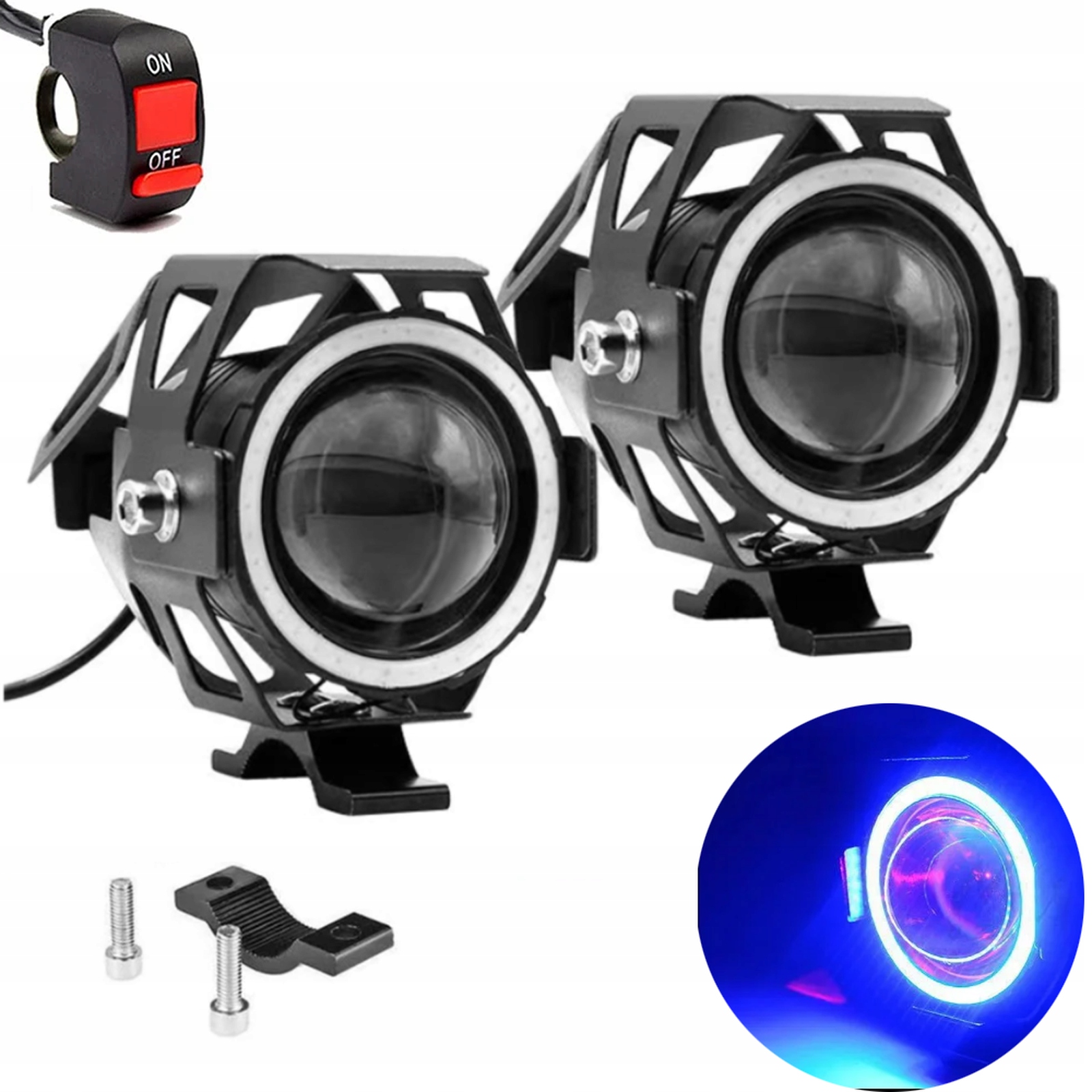 Motocyklové halogeny Ring Led světlomety U7 Černé Modré Kroužky