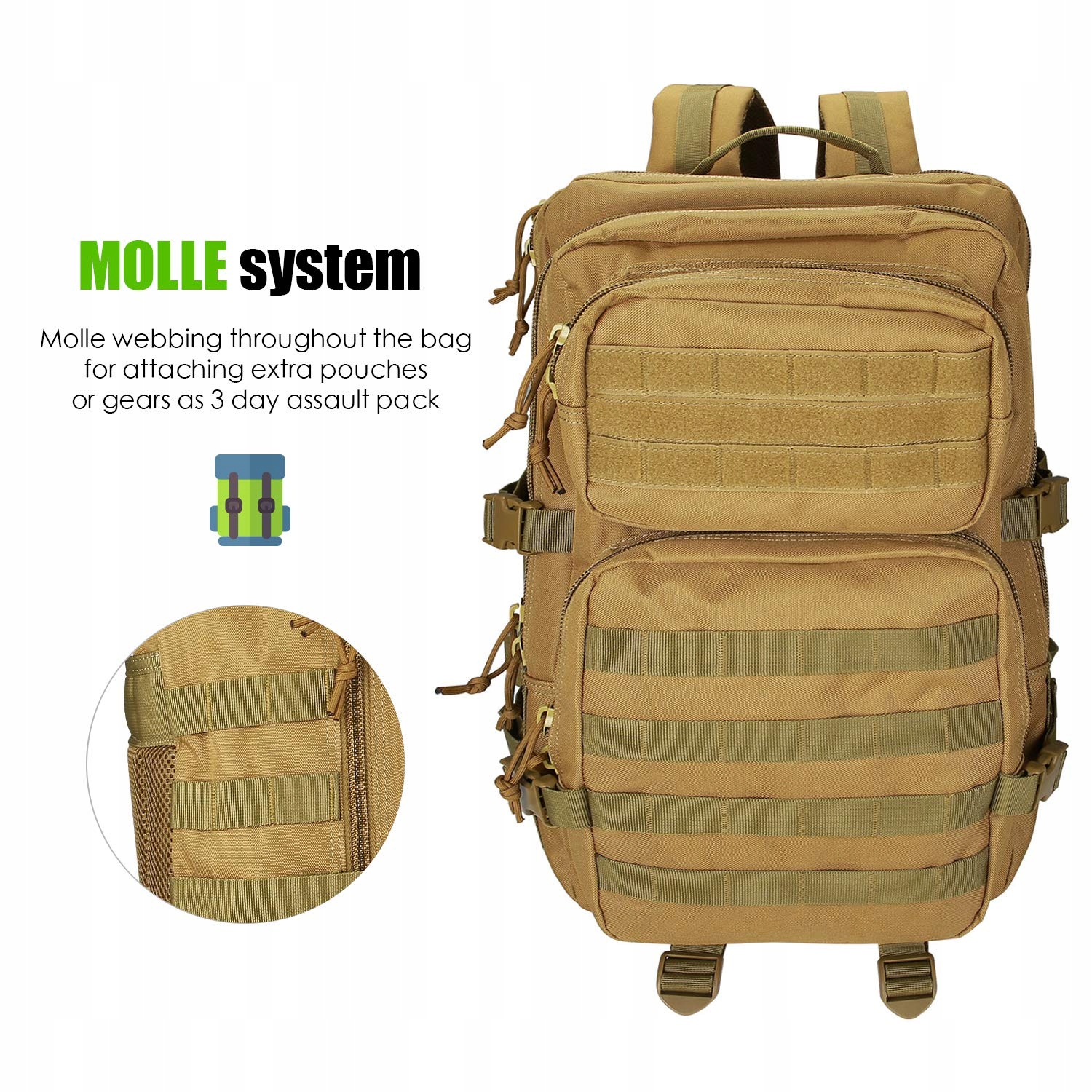 PROCASE Plecak Taktyczny 40L Duża Pojemność Na Wędrówki Kemping Khaki — miniatura 7