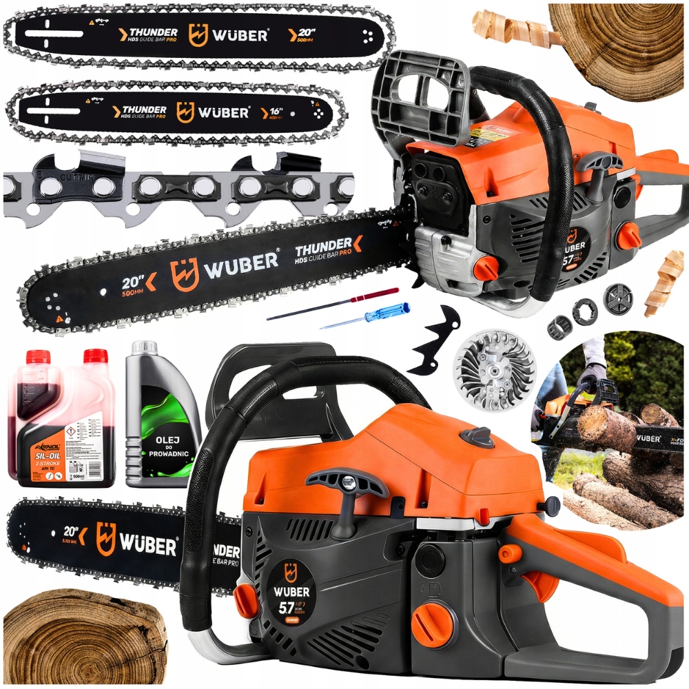 Benzínová Pila Řetězová pila na dřevo 5,7KM +2 vedení olej +2x řetěz.