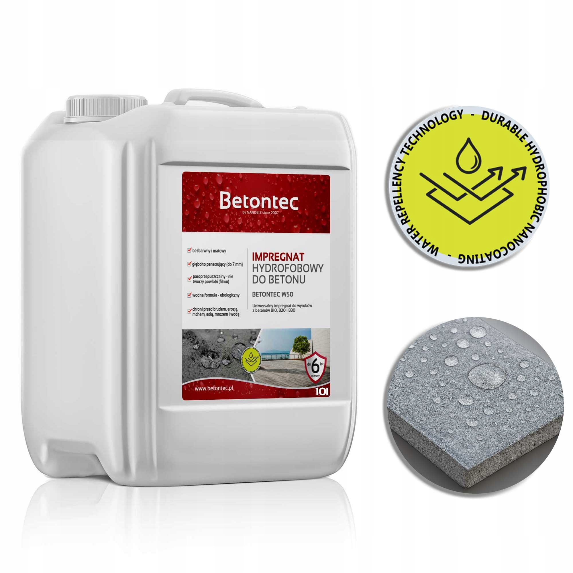 Betontec W50 Eko Hydrofobní impregnát na betonu 10L 75 m2 – 6 let ochrany