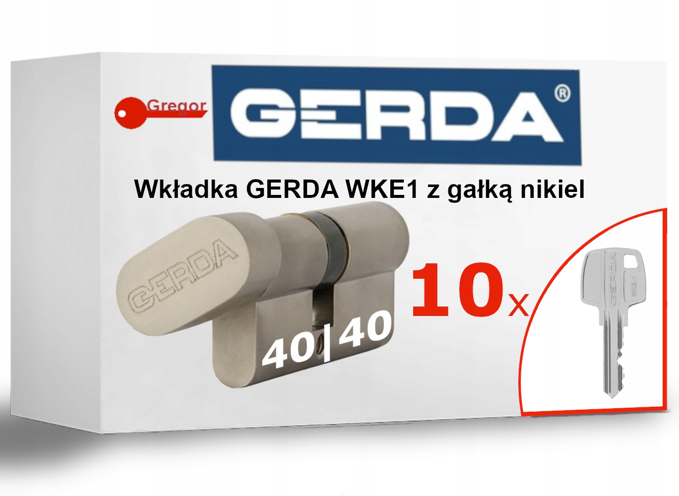 10 Kluczy Wkładka zamek Gerda WKE1 G40/40 nikiel z gałką 10 kluczy