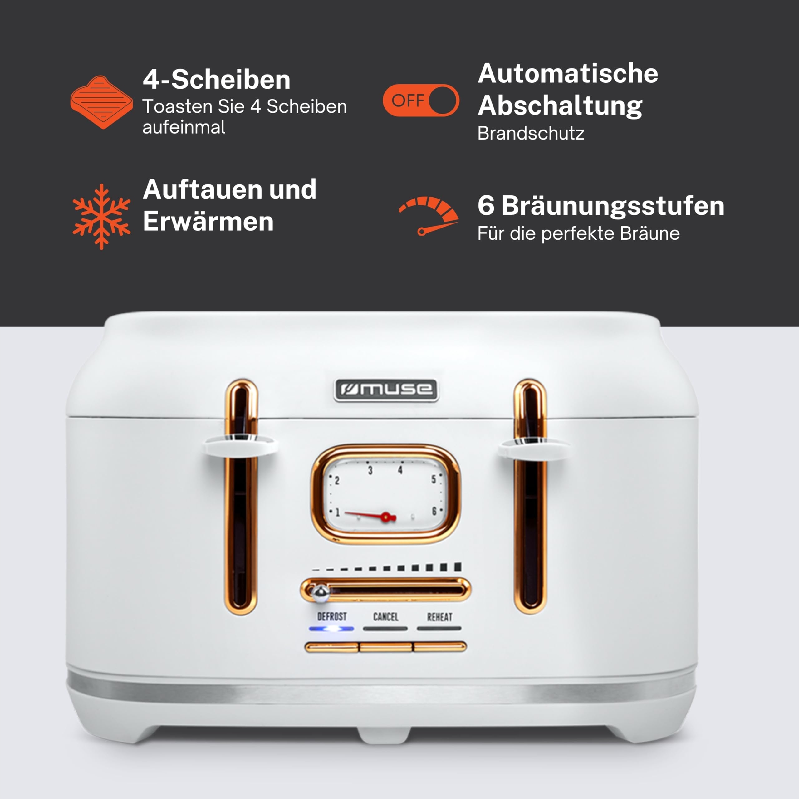 MUSE Toster Retro Biały Stalowy 4 Kromki 6 Stopni Z Kratką Kruszyń — miniatura 3
