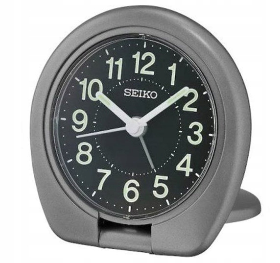 Malý Kulatý Skládací Šedý Cestovní Budík Seiko QHT018T Alarm 8 cm