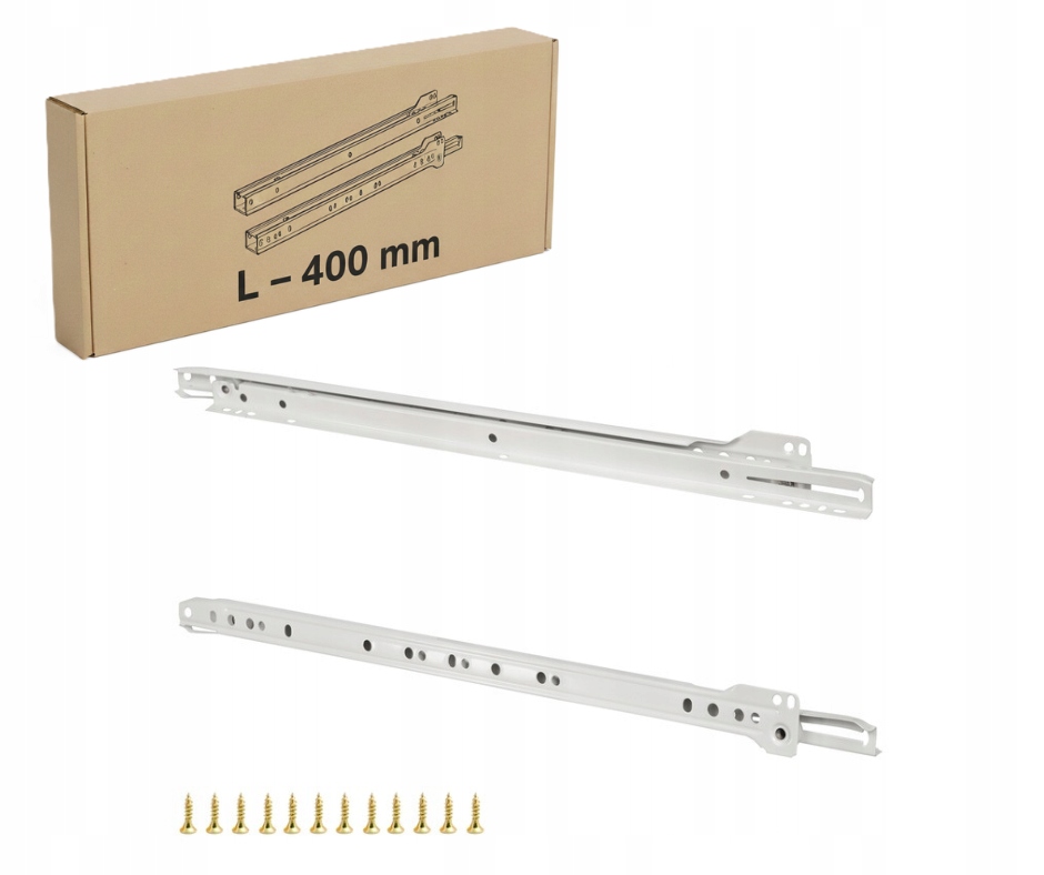 ZESTAW - PROWADNICA MEBLOWA ROLKOWA FGV BIAŁA DO SZUFLAD 400 - L+P + WKRĘTY