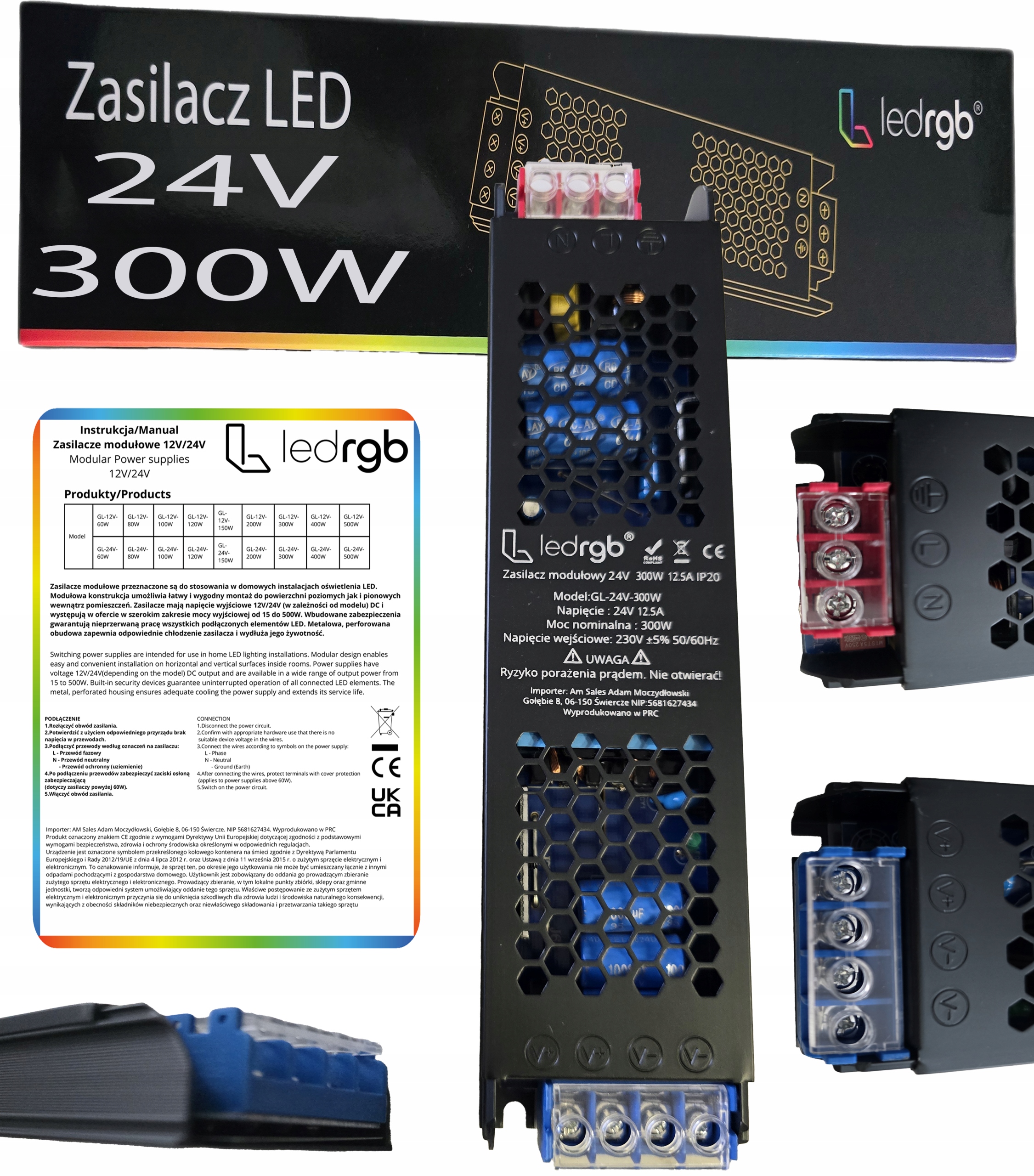 Montážní napájecí zdroj 24V 12.5A 300W Premium pro Led modulární Ac DC Slim Výkonný