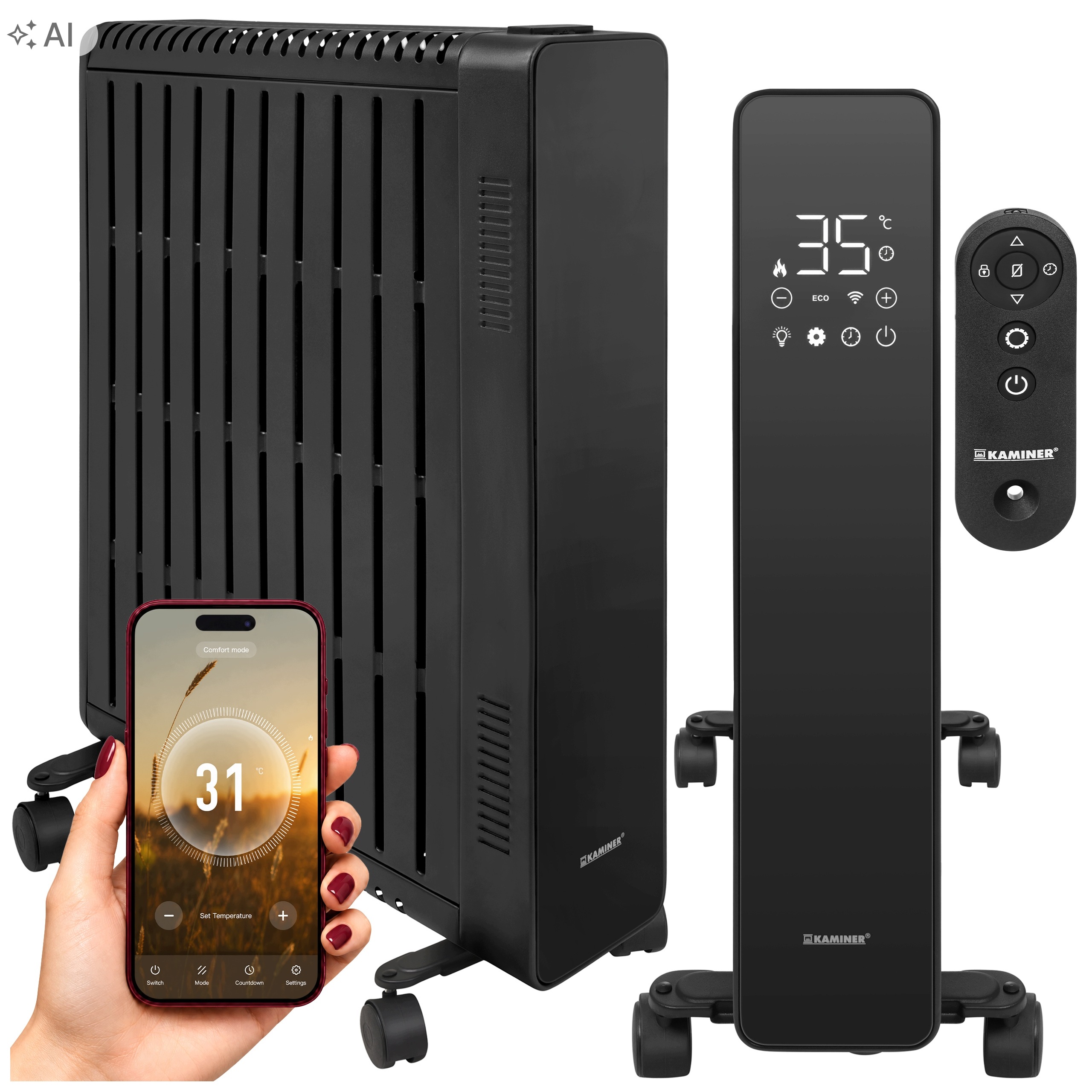 Kaminer 28478 Elektrický olejový radiátor 2500 W, 11 žeber, WiFi, černý