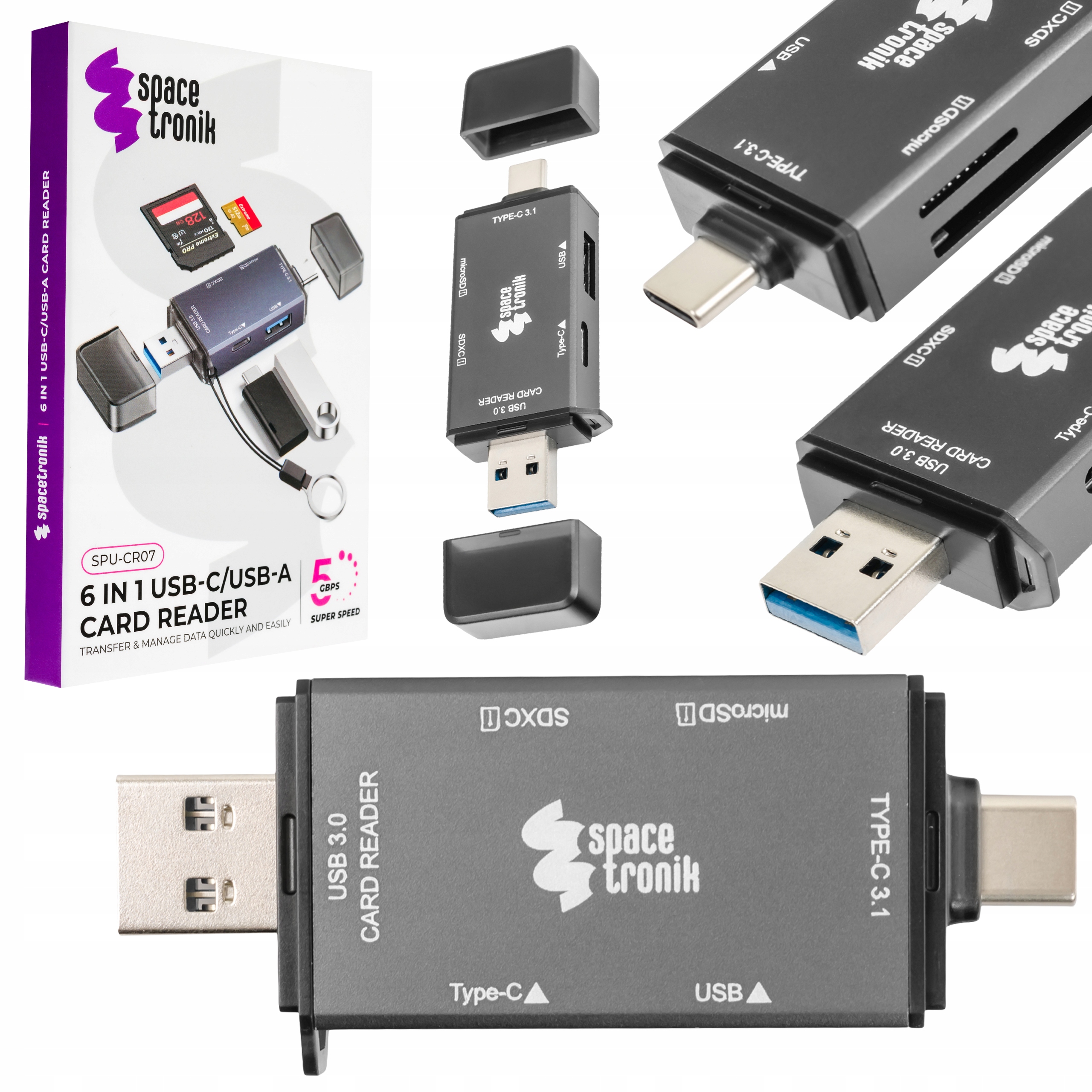 Czytnik Kart 6 w1 Adapter USB-A USB-C SD MicroSD 5 Gb/s Spacetronik Hub