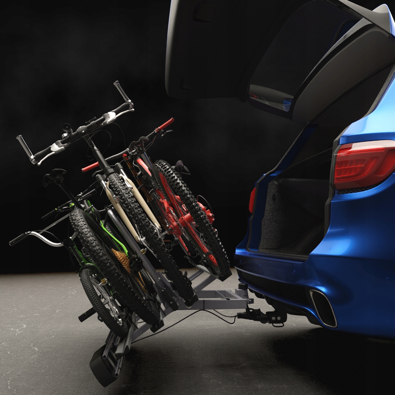 BAGAŻNIK ROWEROWY NA HAK PLATFORMA 4 ROWERY - AMOS - UCHYLANY 13 PIN ZAMEK Punkt mocowania roweru koło rama