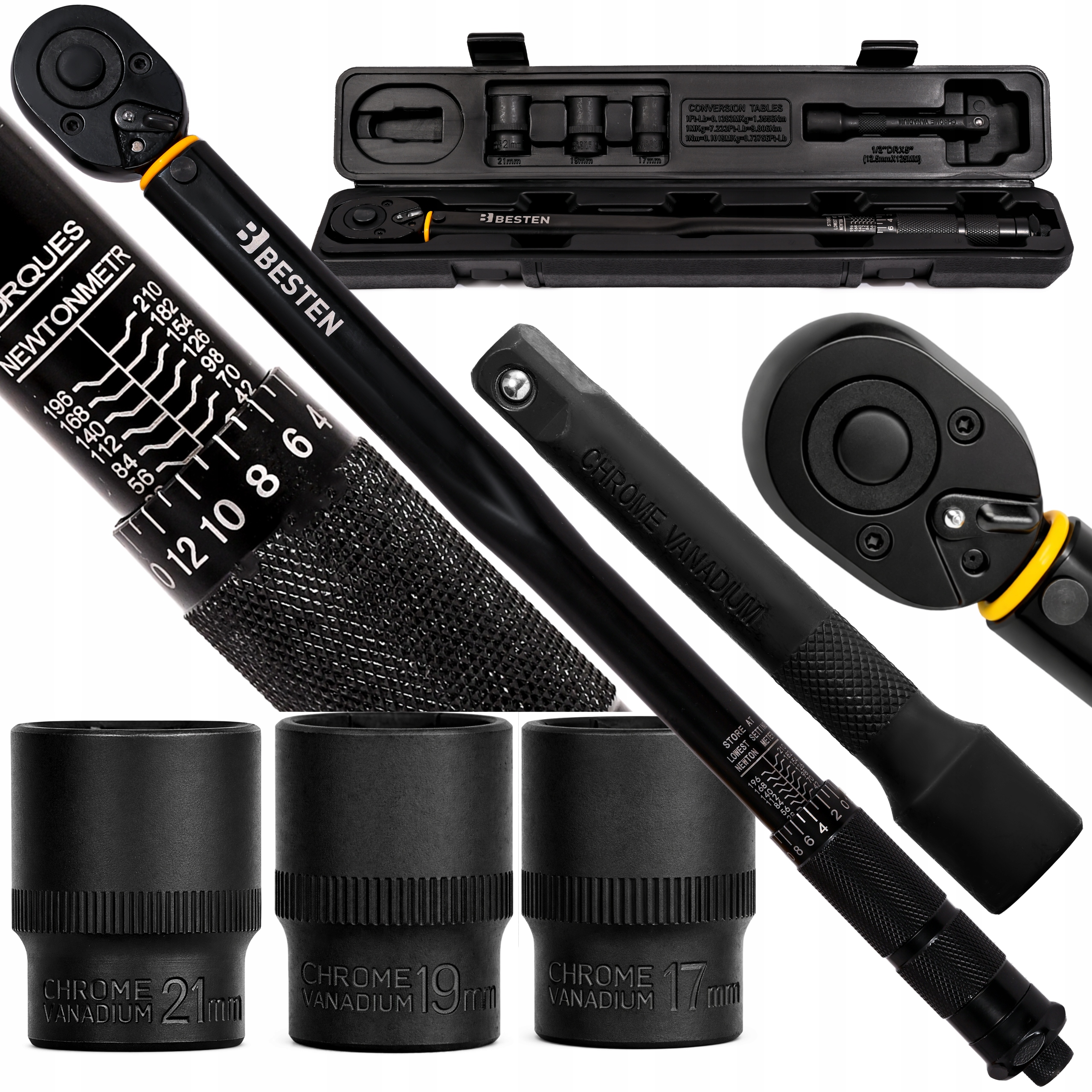 Dynamometrický klíč na kola 1/2 28-210 Nm 3 nástavce 17,19,21 mm CrMO&Crv