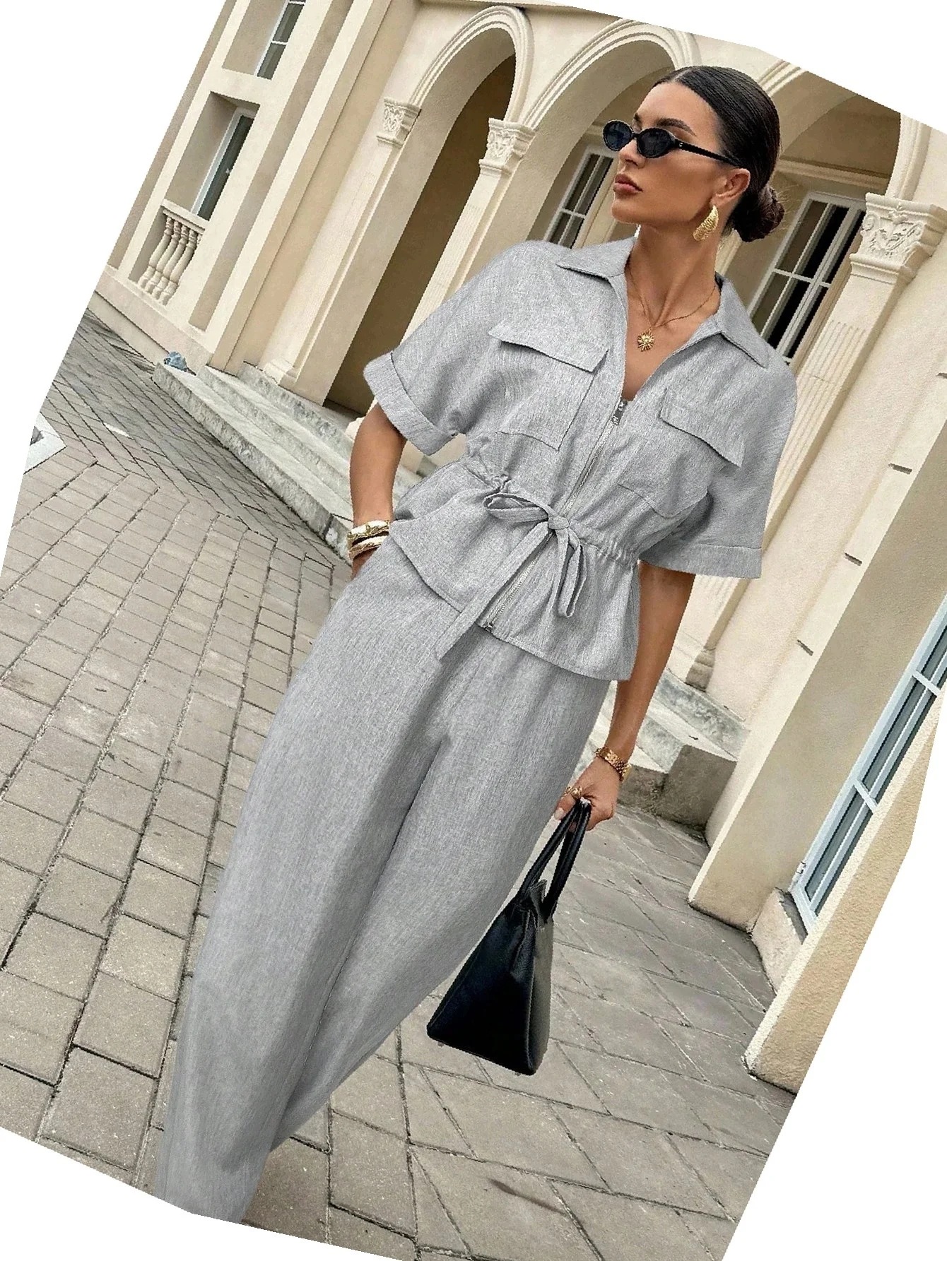 Dámský komplet Bluza Kalhoty Šedá Na Zip Návštěvní Palazzo M