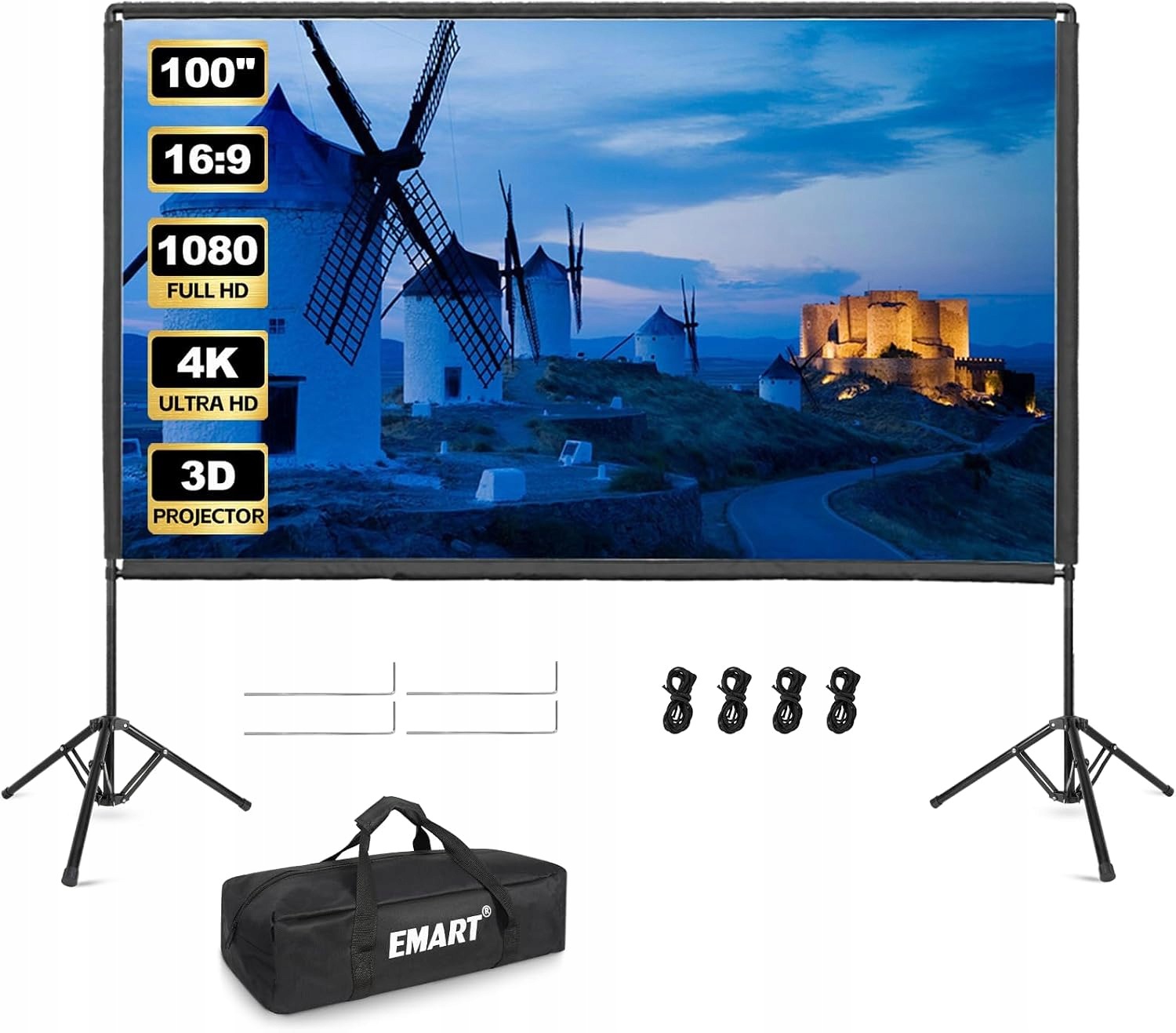 Projekční plátno 100" 4K Hd se stativem, přední zadní taška