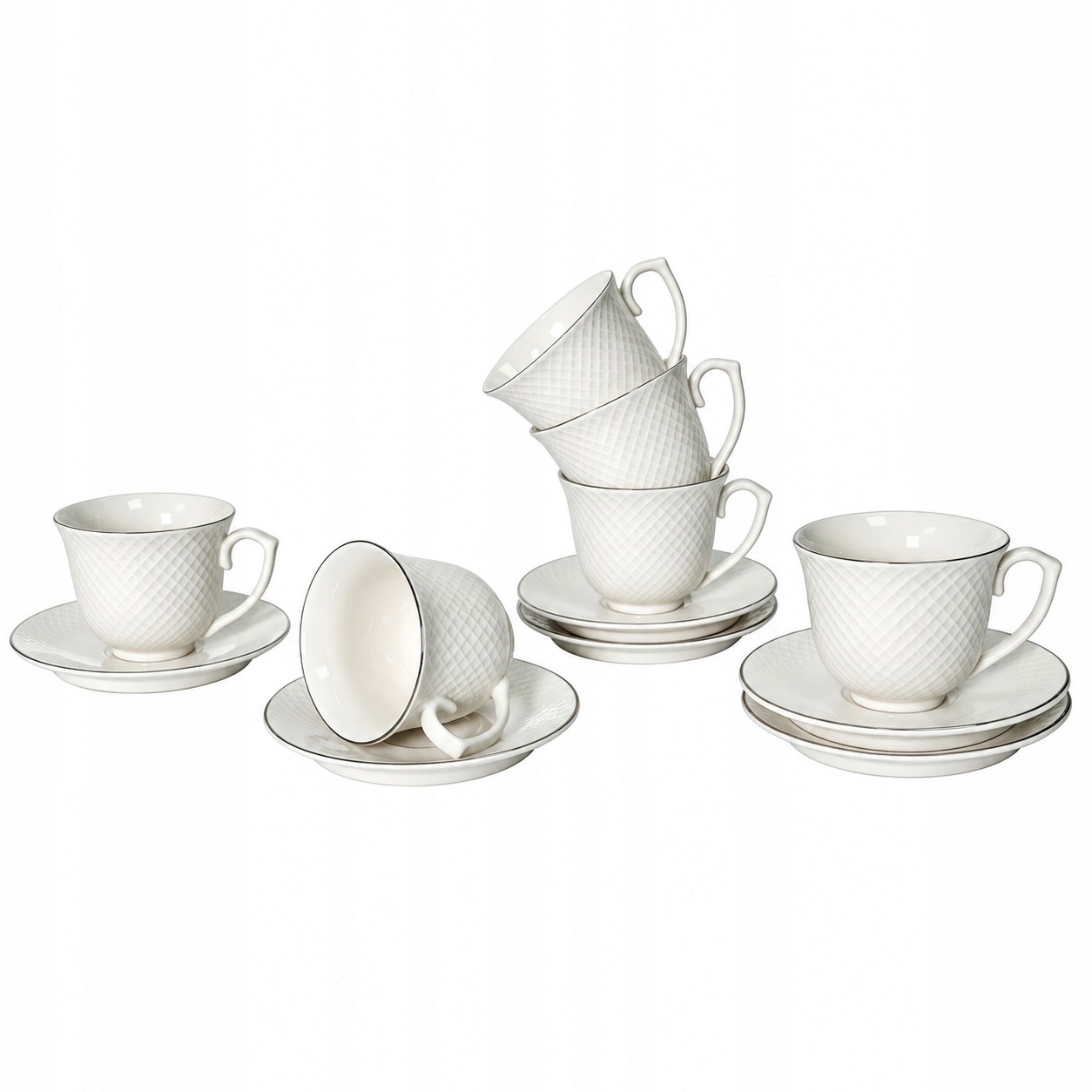 Sada 6 x šálek 250 ml porcelánová Livello s podšálkem, stříbrný proužek