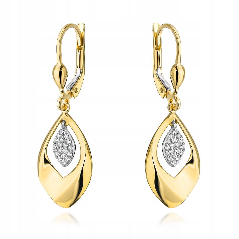 Náušnice zlaté 585, závěsné lístky se zirkony, elegantní design jako dárek