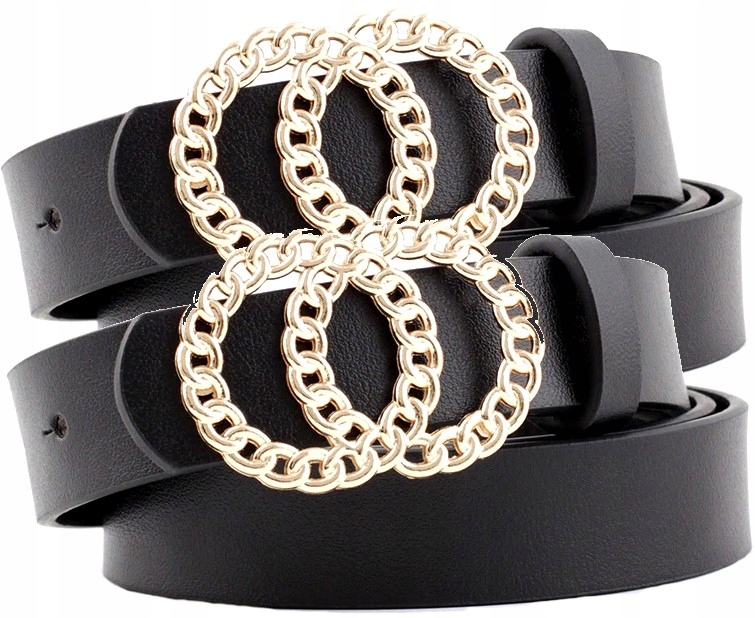 

Skórzany pasek do spodni czarny złota klamra kółka