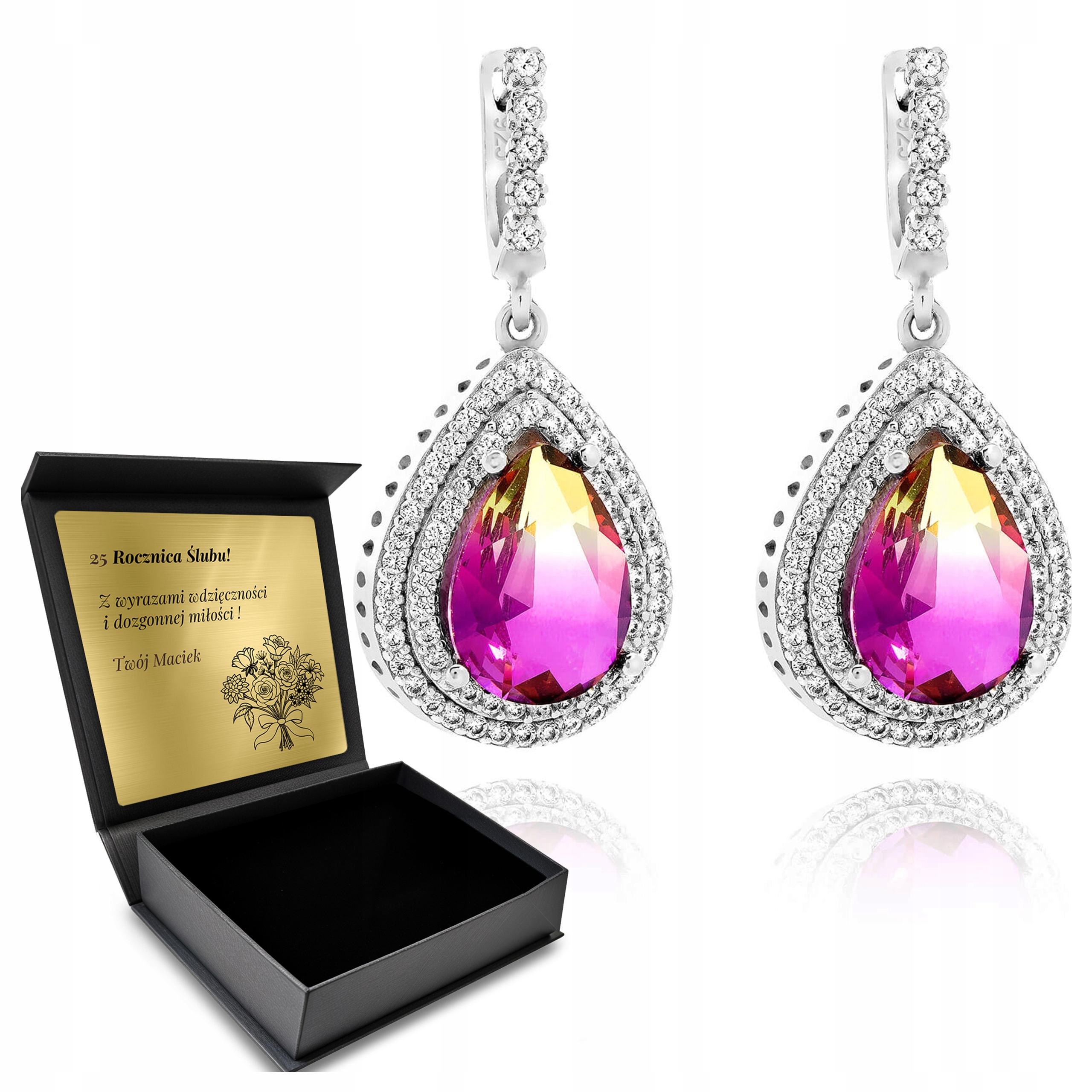Stříbrné Náušnice 925 Zirkony A Ametryn Dárek pro ženu Gravírování
