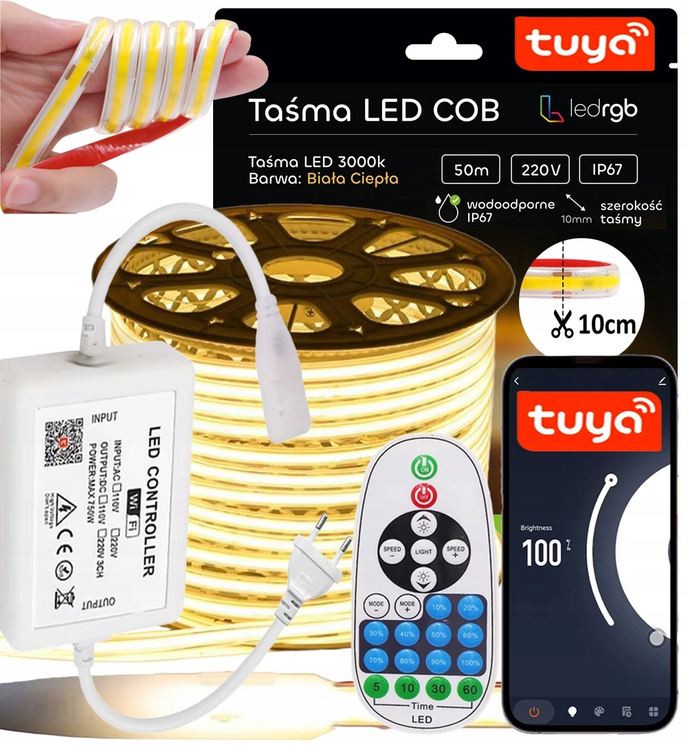 Set Led Pásek Cob 50 m 230V Bílý Teplý 3000K Řezaný Co 10CM Tuya Wifi