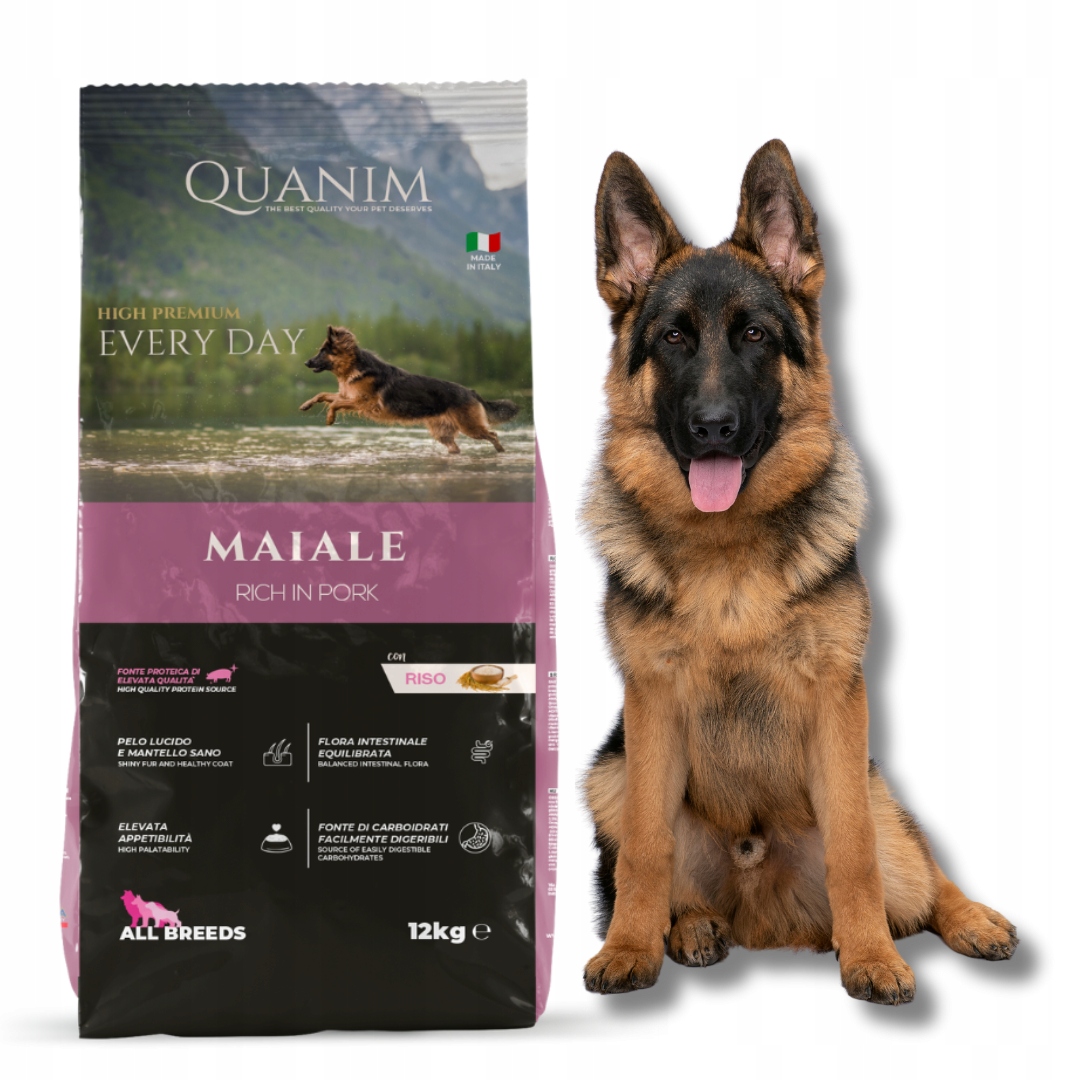 Levně Quanim Vepřové Maso S Rýží 12KG Krmivo Pro Ovčáky, Labradory, Husky, Beagle, Amstaffy