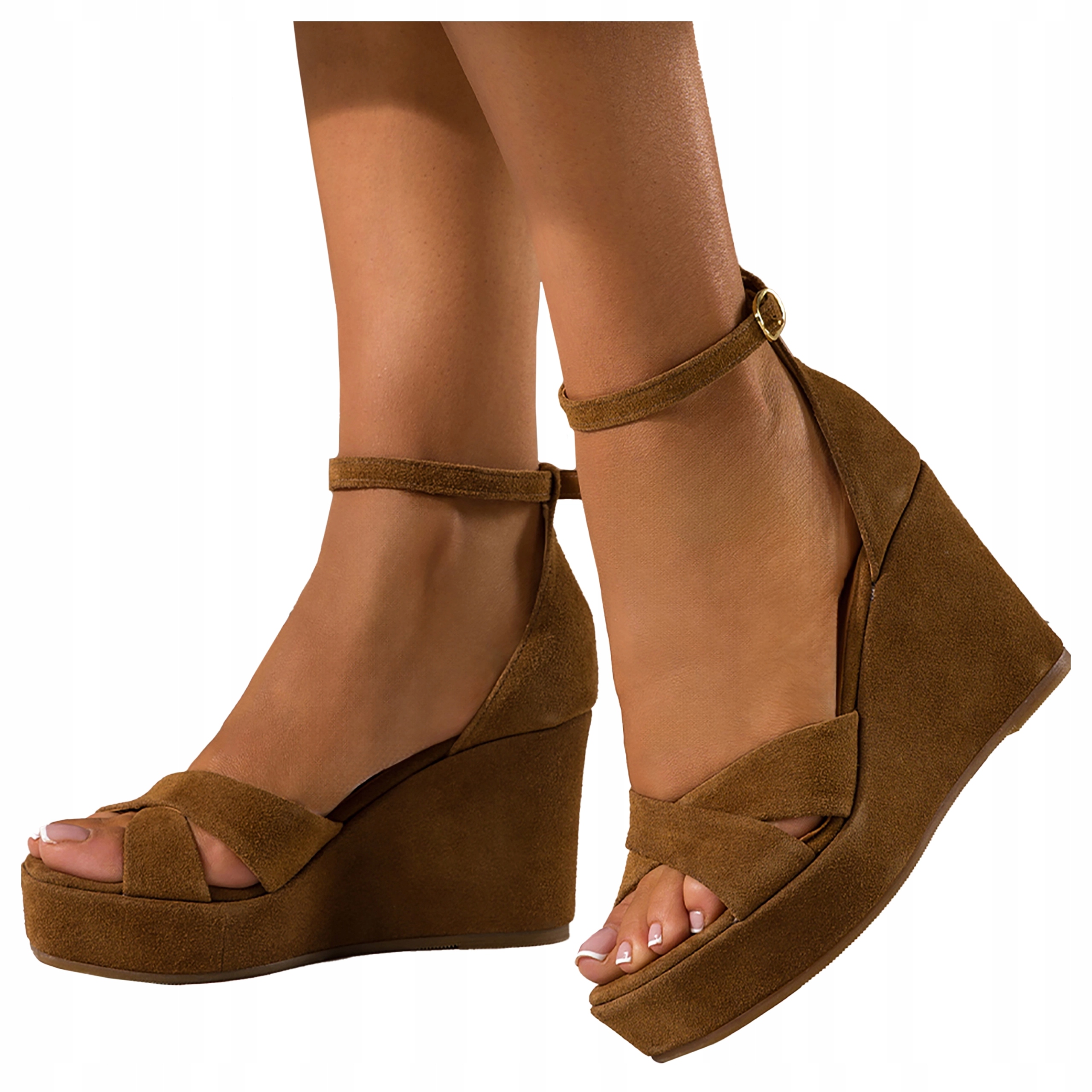 Hnědé dámské kožené Sandály na podpatku, pohodlné, Polský výrobek, velikost 40