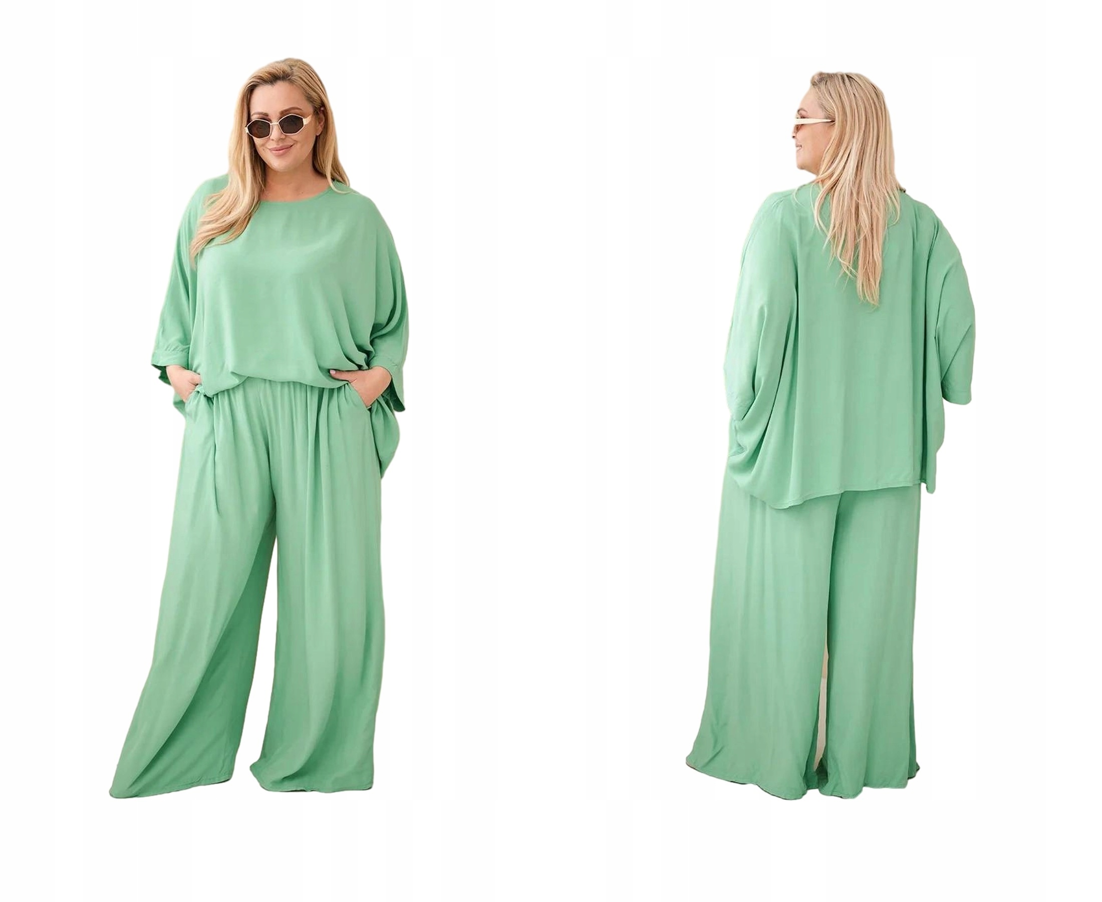Zelený dámský viskózový komplet Plus Size s širokými kalhotami