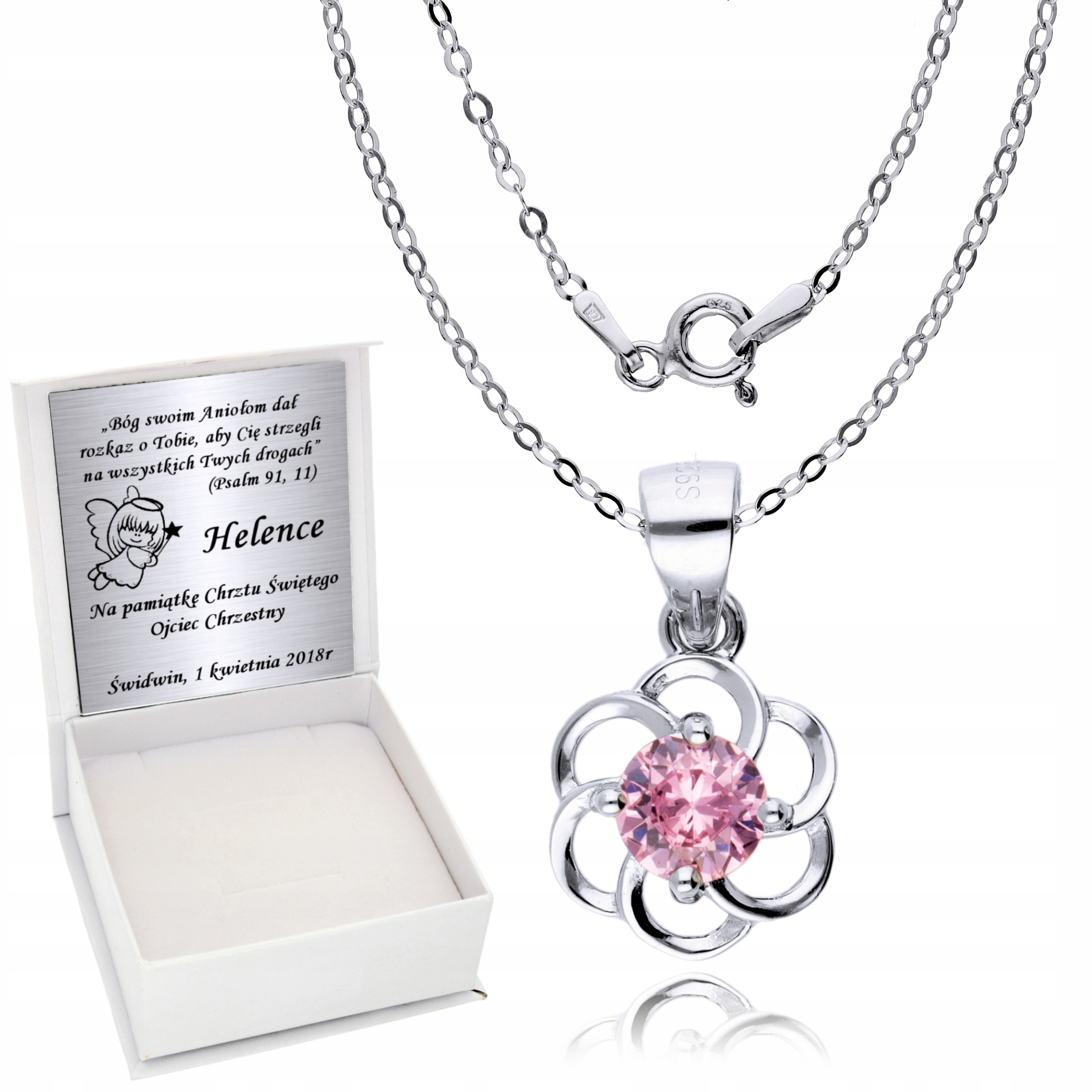 

Srebrny Łańcuszek Różowy Kwiatek Grawer Chrzest