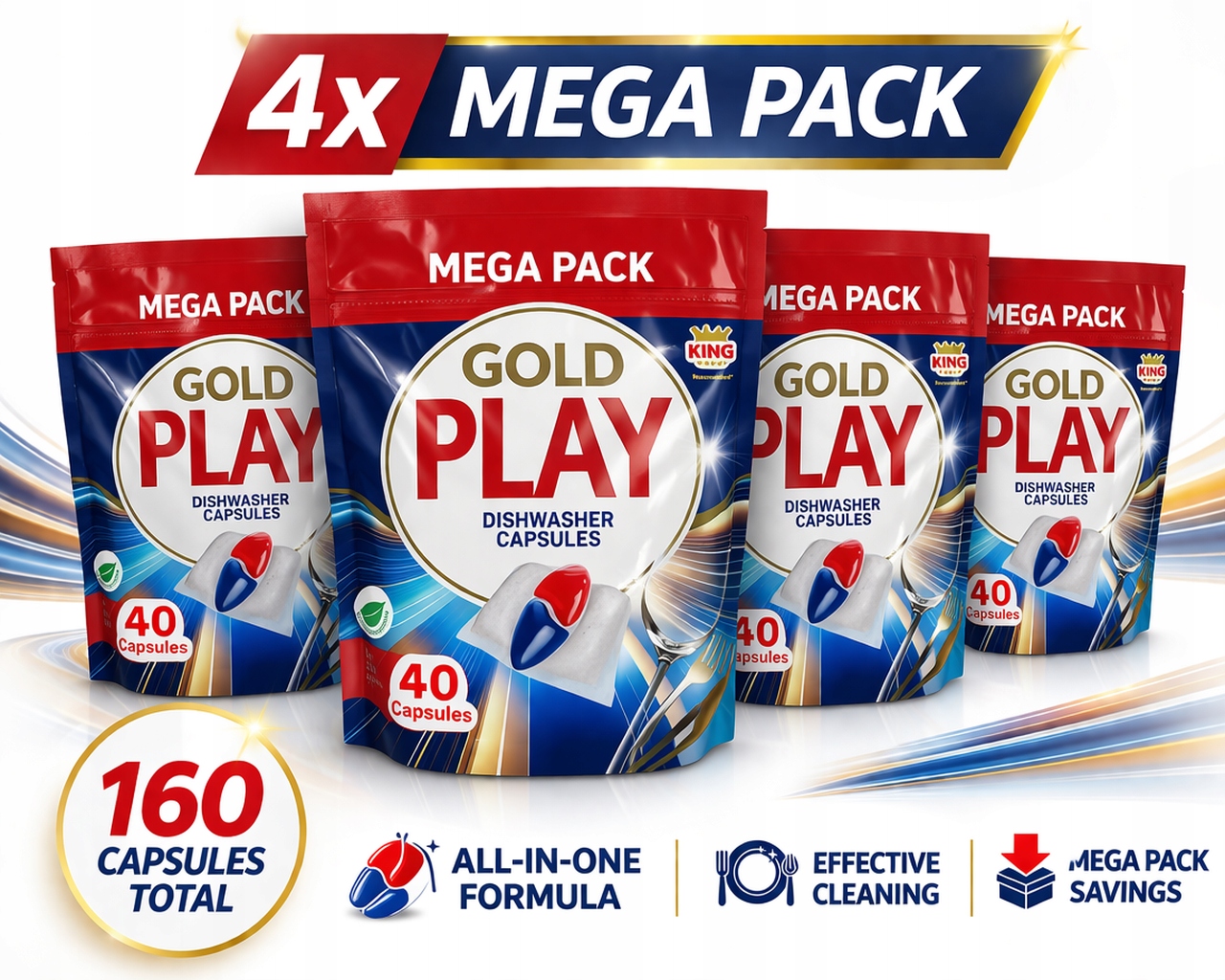 Sada 4 kapslí do myčky nádobí All in One Gold Play King 40 kusů