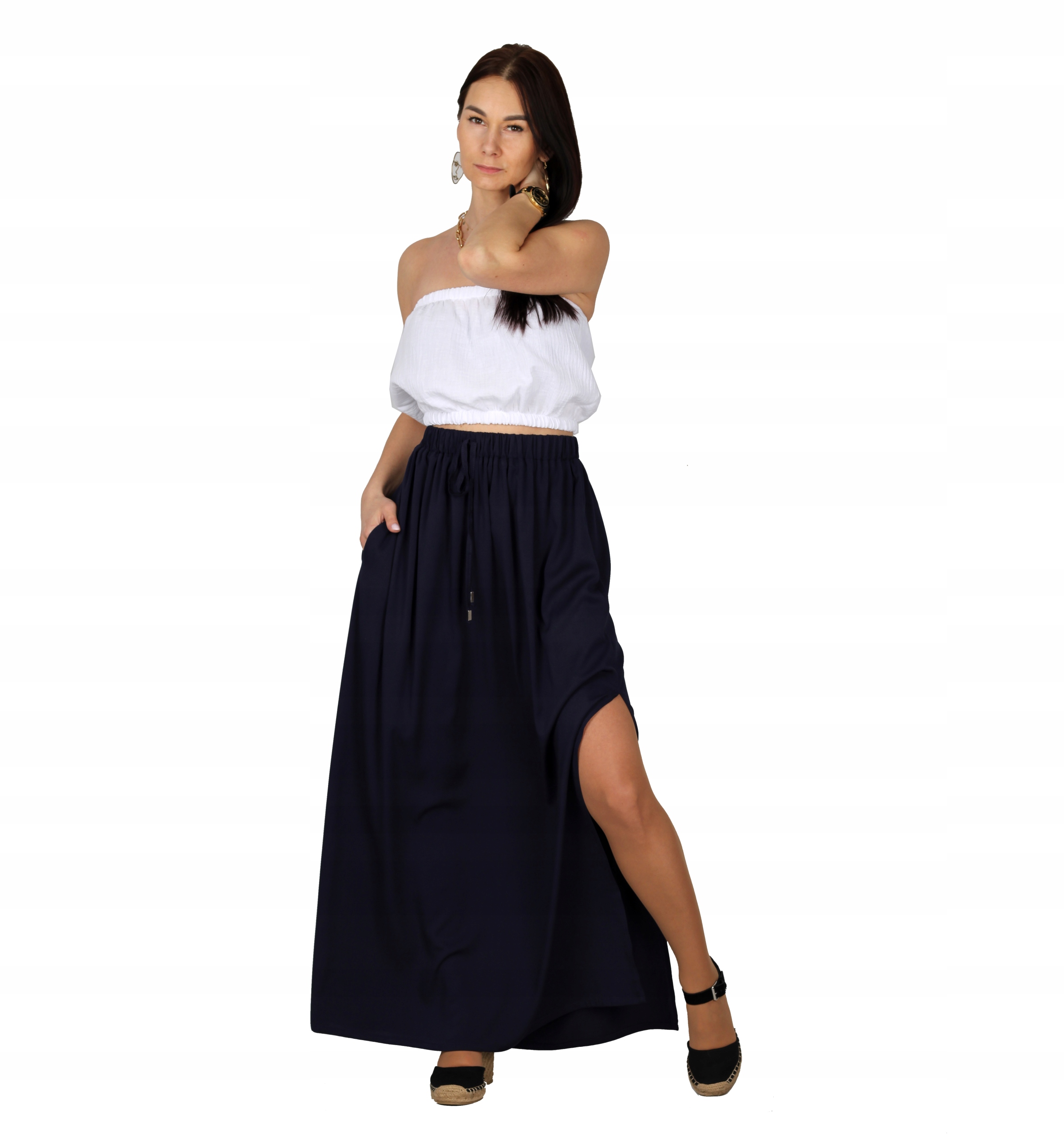 Uni Sukně Maxi Viskózová Modrá Dlouhá s rozparkem Boho Uni