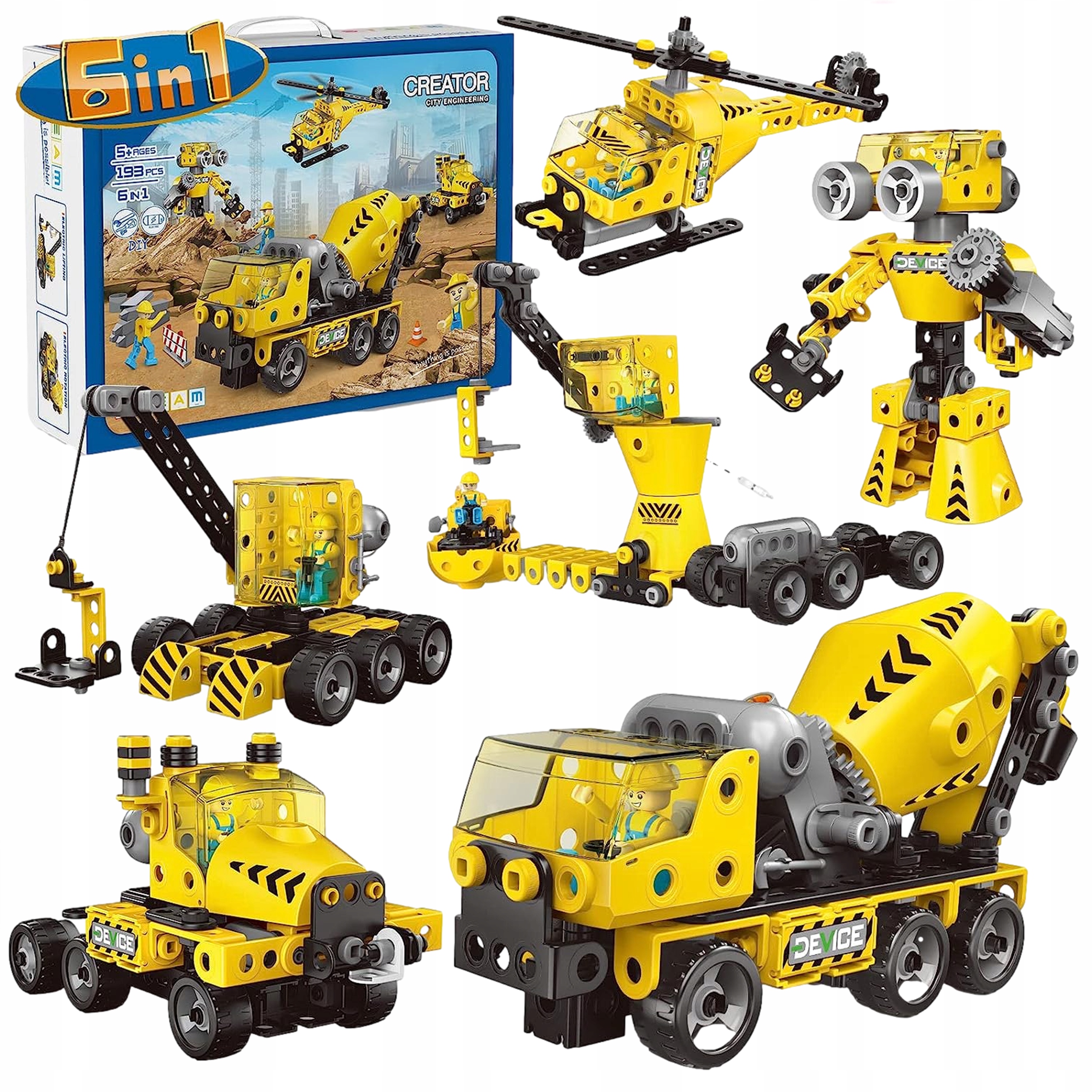 Klocki konstrukcyjne pojazdy budowlane na baterie 6w1 XXL mały konstruktor