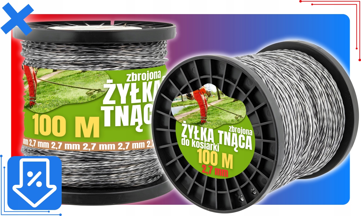 ŻYŁKA TNĄCA ZBROJONA DO GŁOWIC PODKASZARKI KOSY KOS TRAWY MOCNA 2,7mm 100m Średnica 2.7 mm