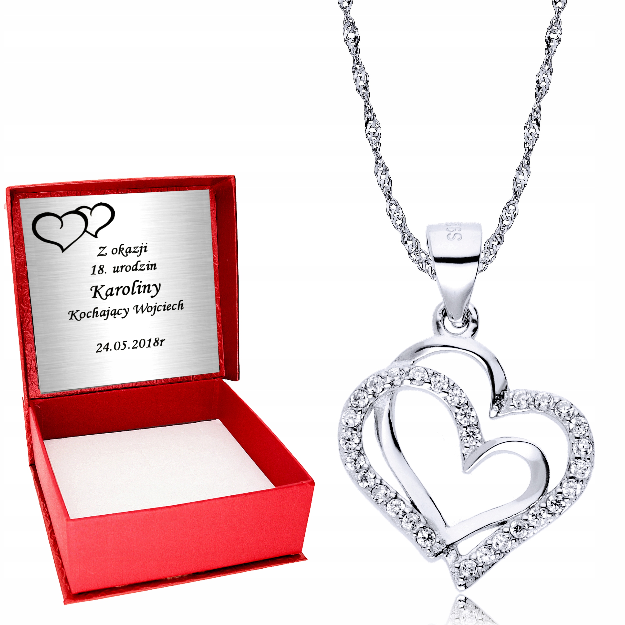 

Srebrny Łańcuszek 925 Serce Dwa Serca Grawer