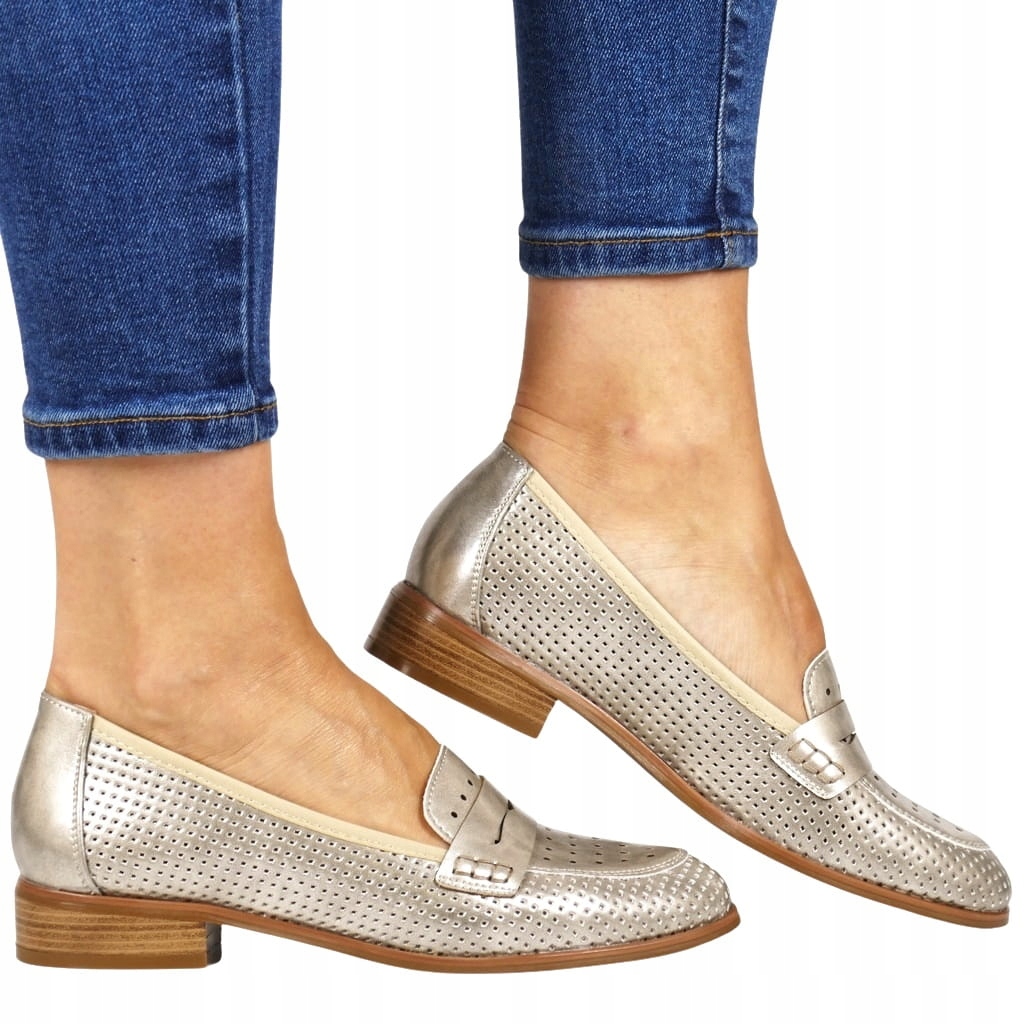 Polobotky Dámské Mokasíny Ažurové Zlaté Děrované Elegantní Lesklé