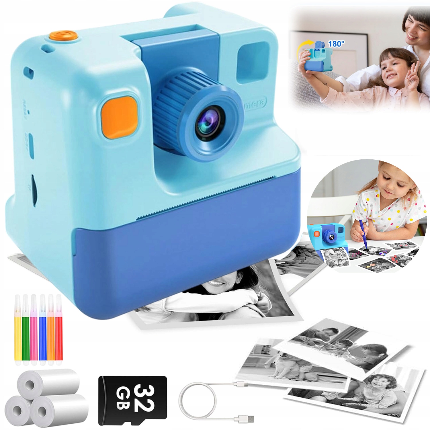 Aparat Natychmiastowy Dla Dzieci Drukuś Selfie 180°Z 3 Rolek 1000MAH
