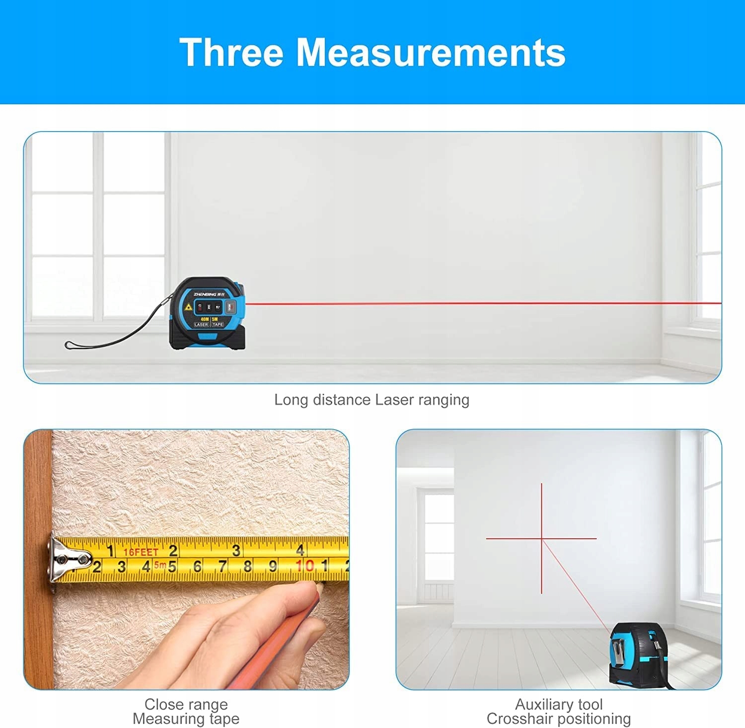 WINTAPE Laserowy Metr 3w1 z Dużym Wyświetlaczem LCD 40M 5M 131ft — miniatura 7