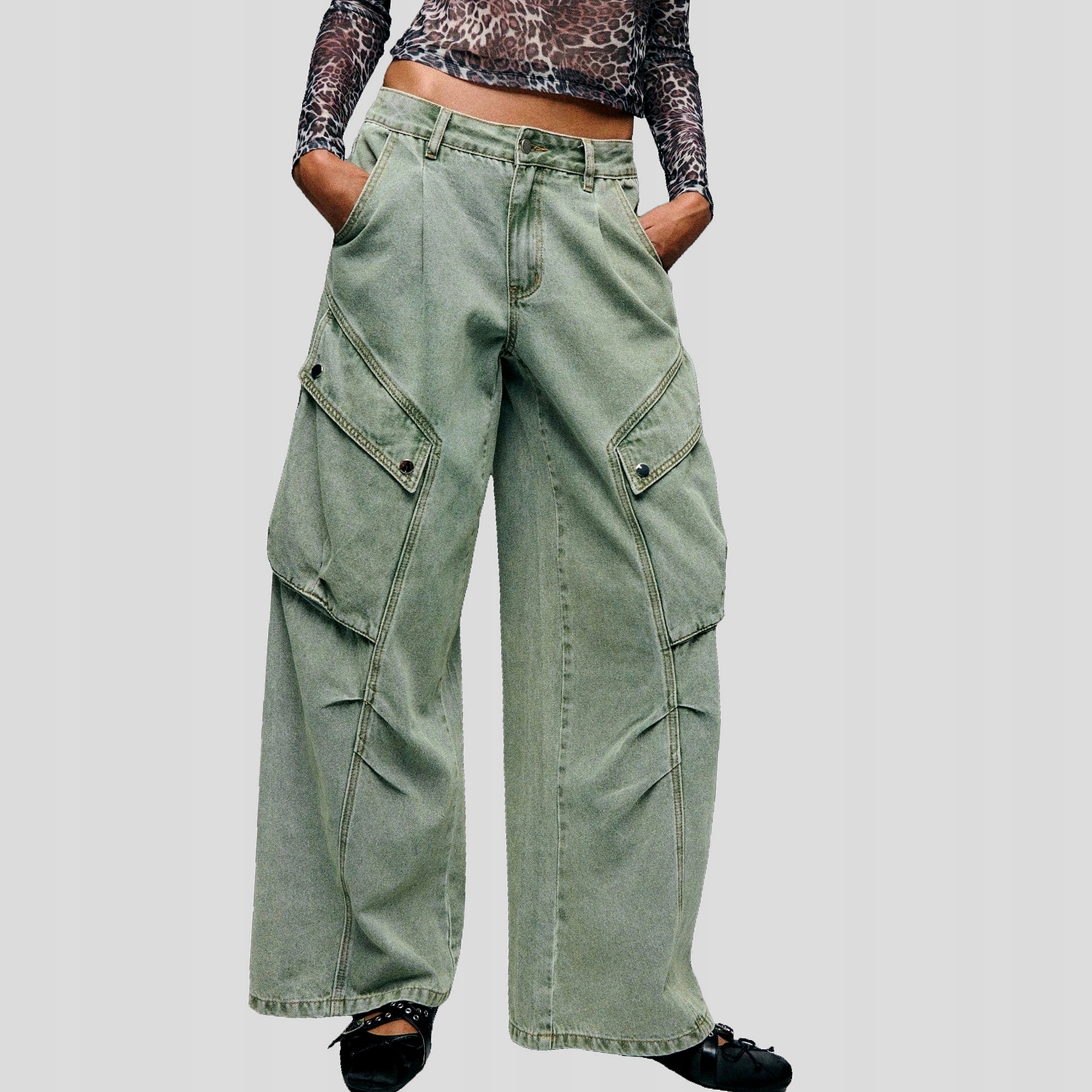 Dámské Džíny Kapsáče Wide Leg S Nízkým pasem Zelené Casual Shein M 38
