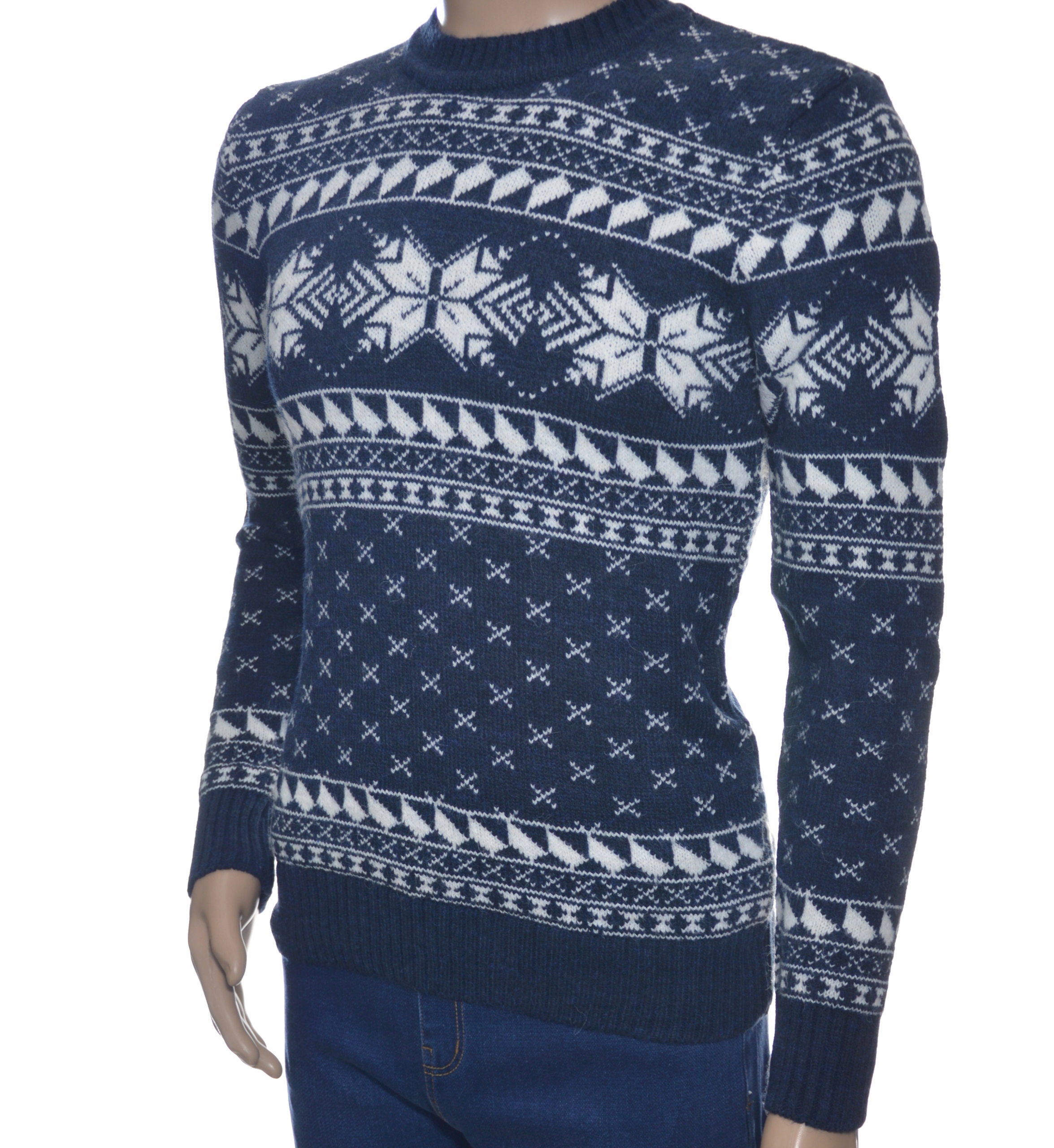 Pánský teplý vlněný svetr z vlny s norským vzorem, velikost L, tmavě modrá