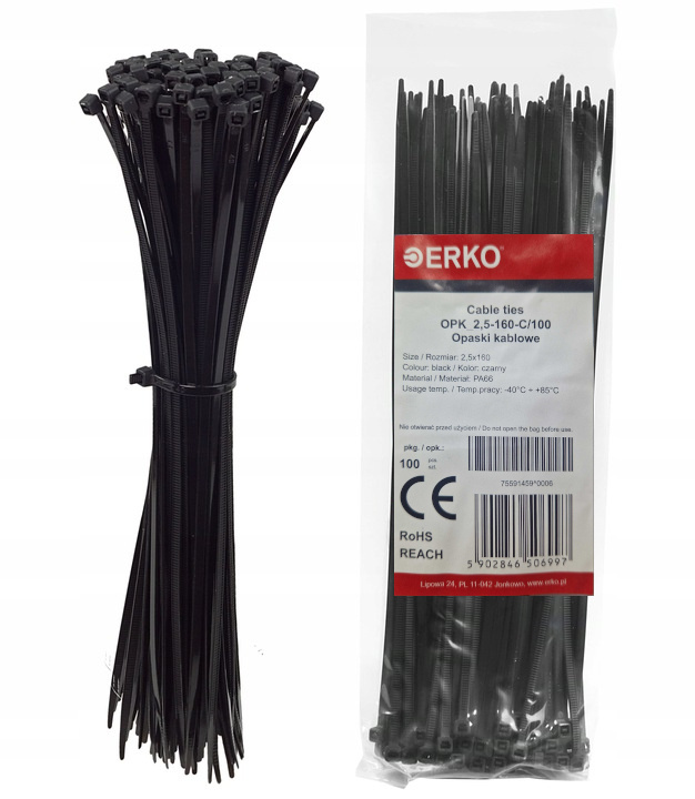 Opaski Kablowe Zaciskowe Czarne Trytki Trytytki 2,5x160 Erko 100 Sztuk