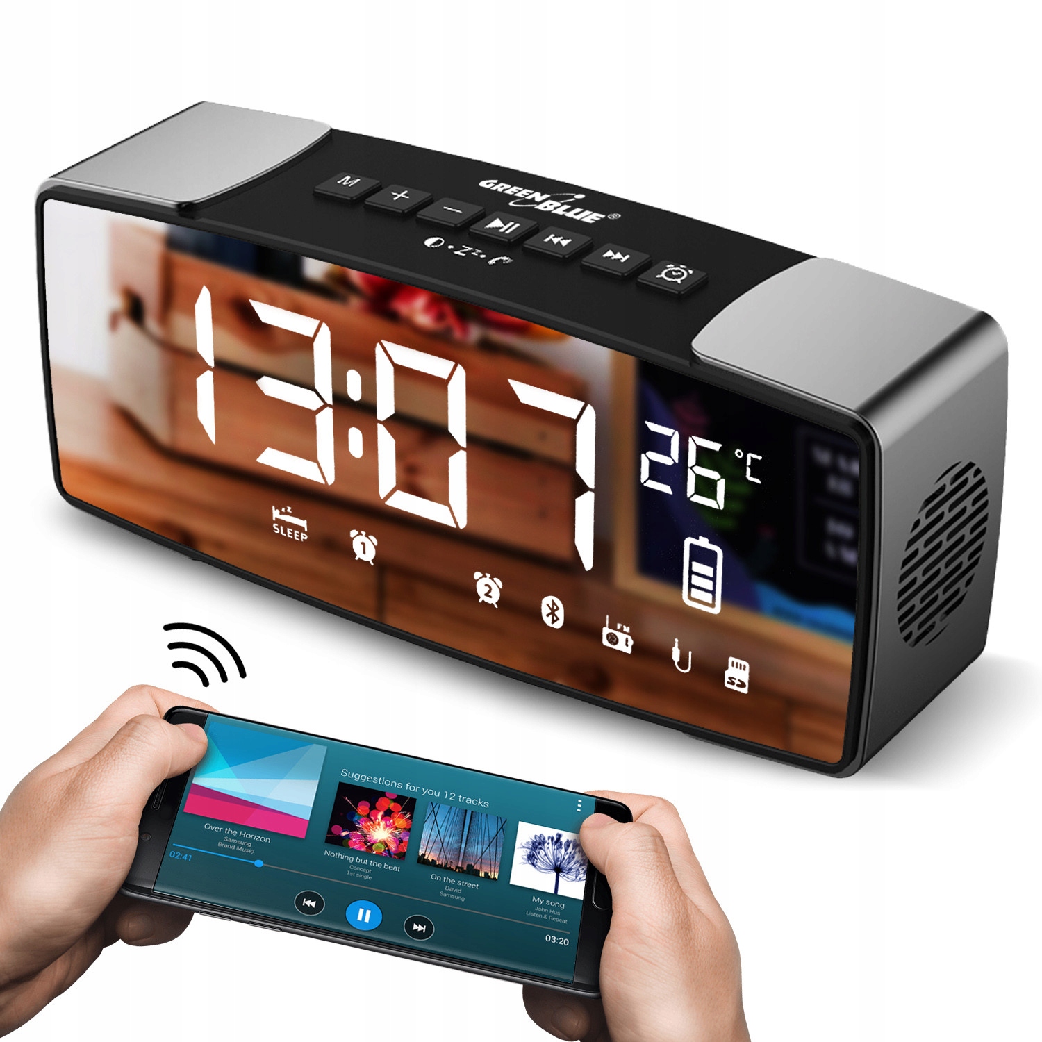 Radiobudzik bluetooth GreenBlue, Fm, aux-in, 6W, temperatura, alarm, zegar,